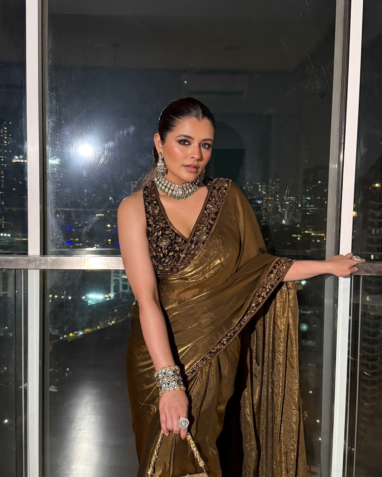 Brown Space Silk Sequins and Zari Embroidery Work Saree