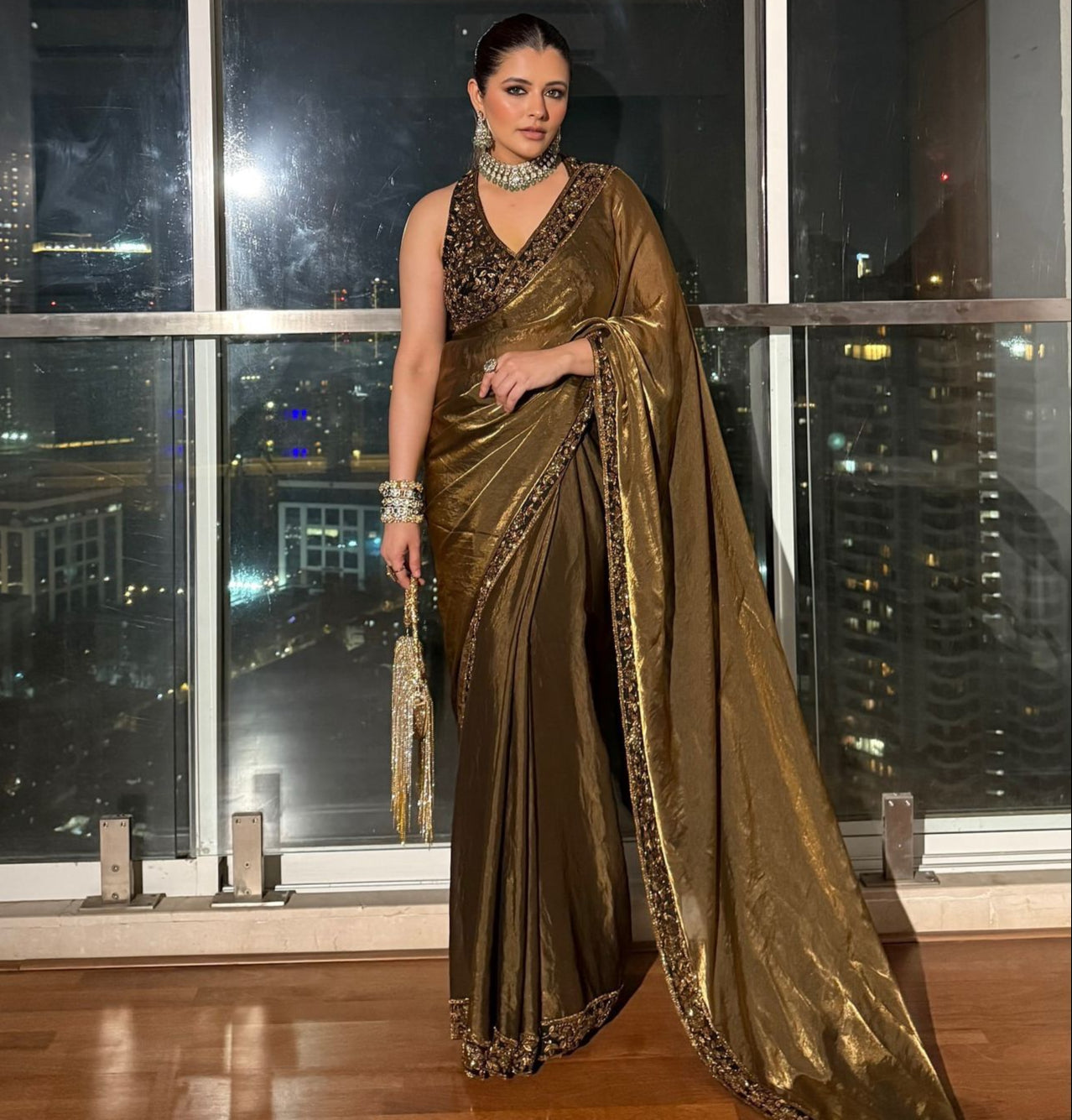 Brown Space Silk Sequins and Zari Embroidery Work Saree
