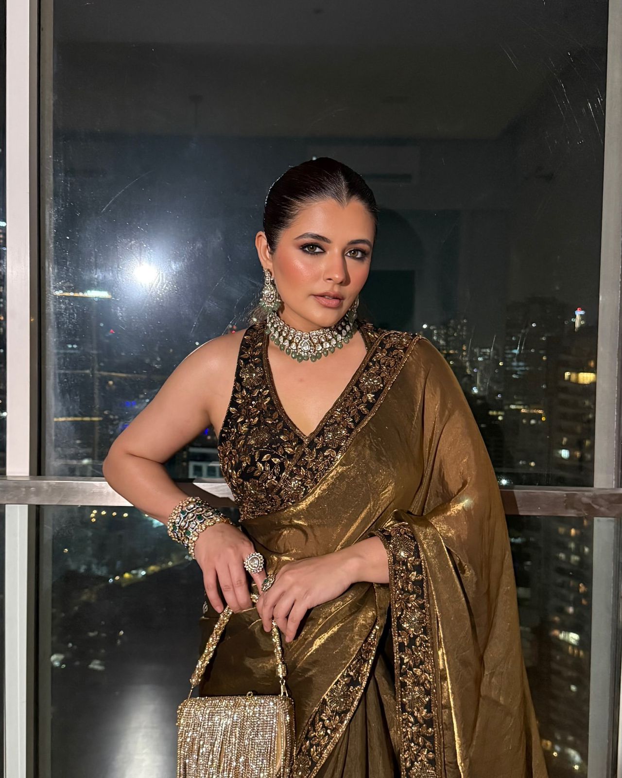 Brown Space Silk Sequins and Zari Embroidery Work Saree