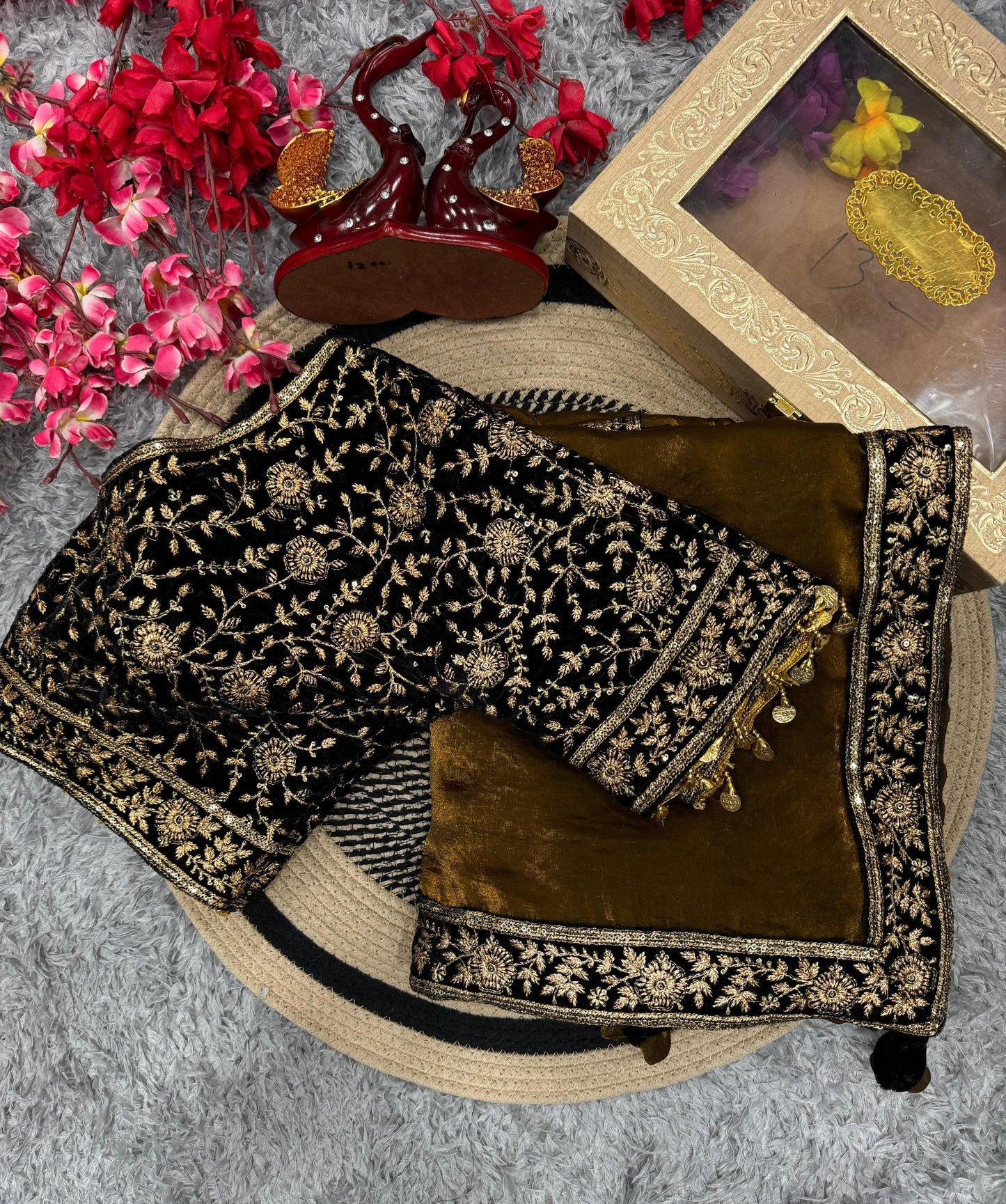 Brown Space Silk Sequins and Zari Embroidery Work Saree