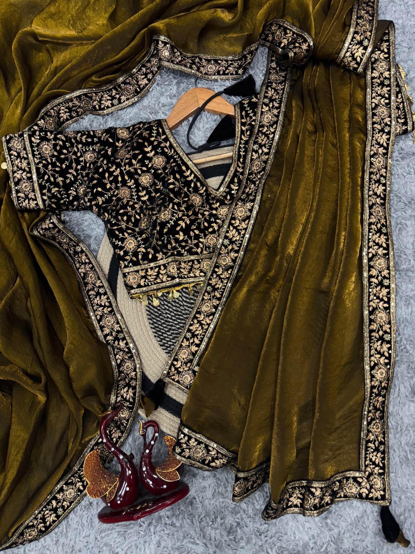 Brown Space Silk Sequins and Zari Embroidery Work Saree