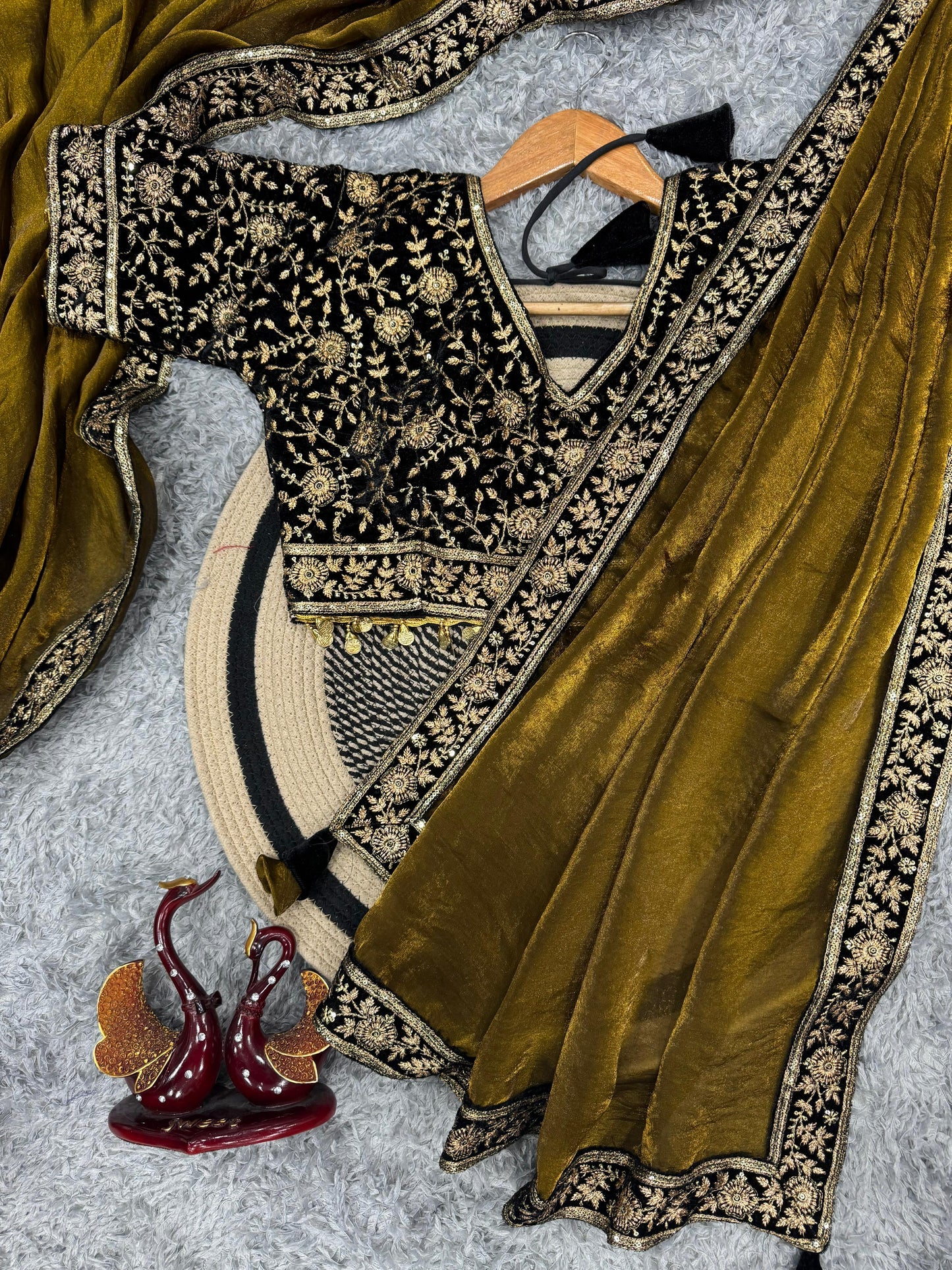 Brown Space Silk Sequins and Zari Embroidery Work Saree