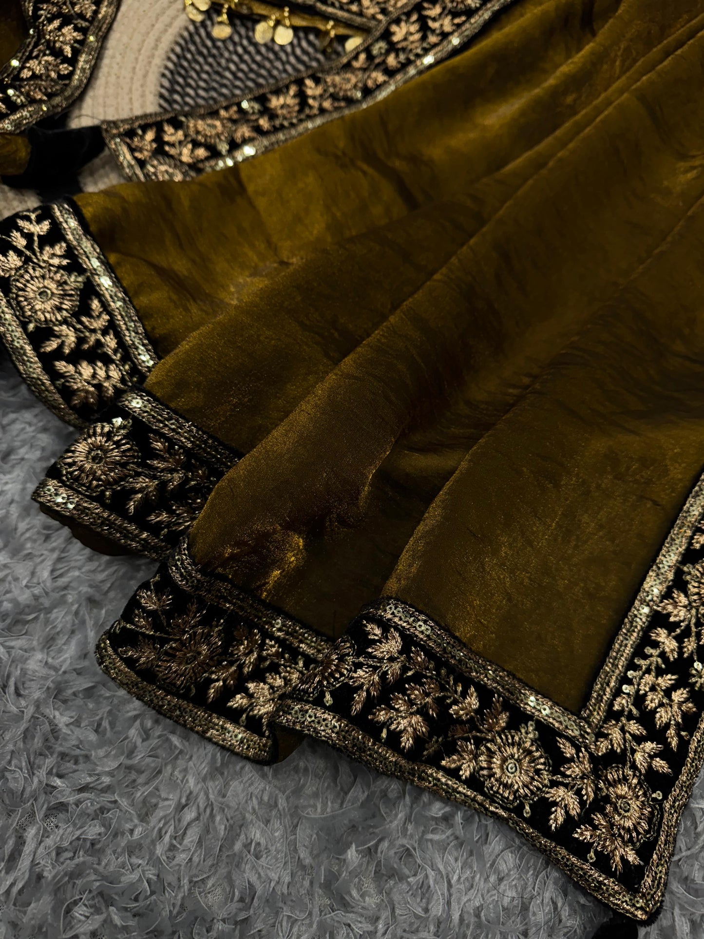 Brown Space Silk Sequins and Zari Embroidery Work Saree