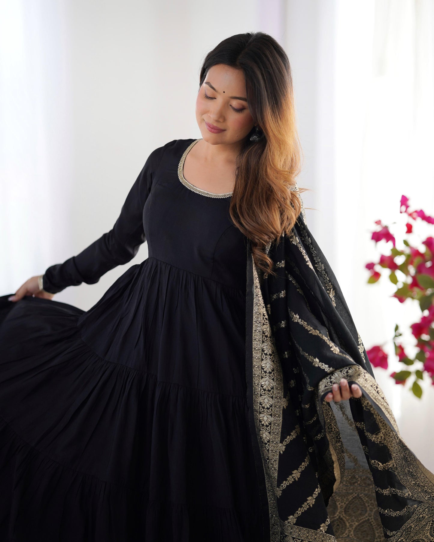 Black Heavy Romansilk Chanderi With Yoke Lace 3pc Kurta Set