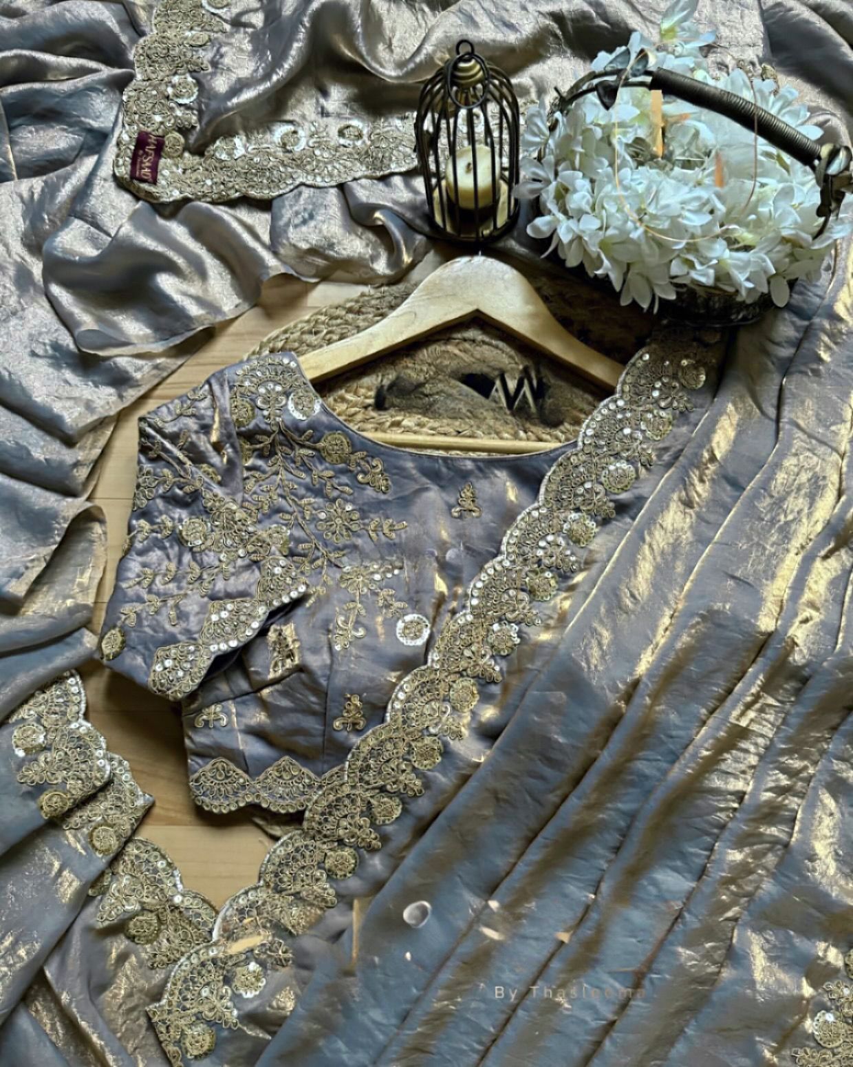 Gray color Fendi Silk Coding & Sequins Work Saree
