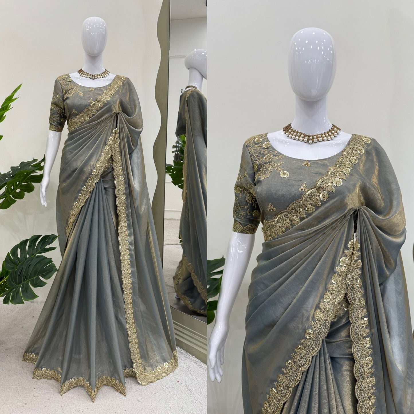 Gray color Fendi Silk Coding & Sequins Work Saree