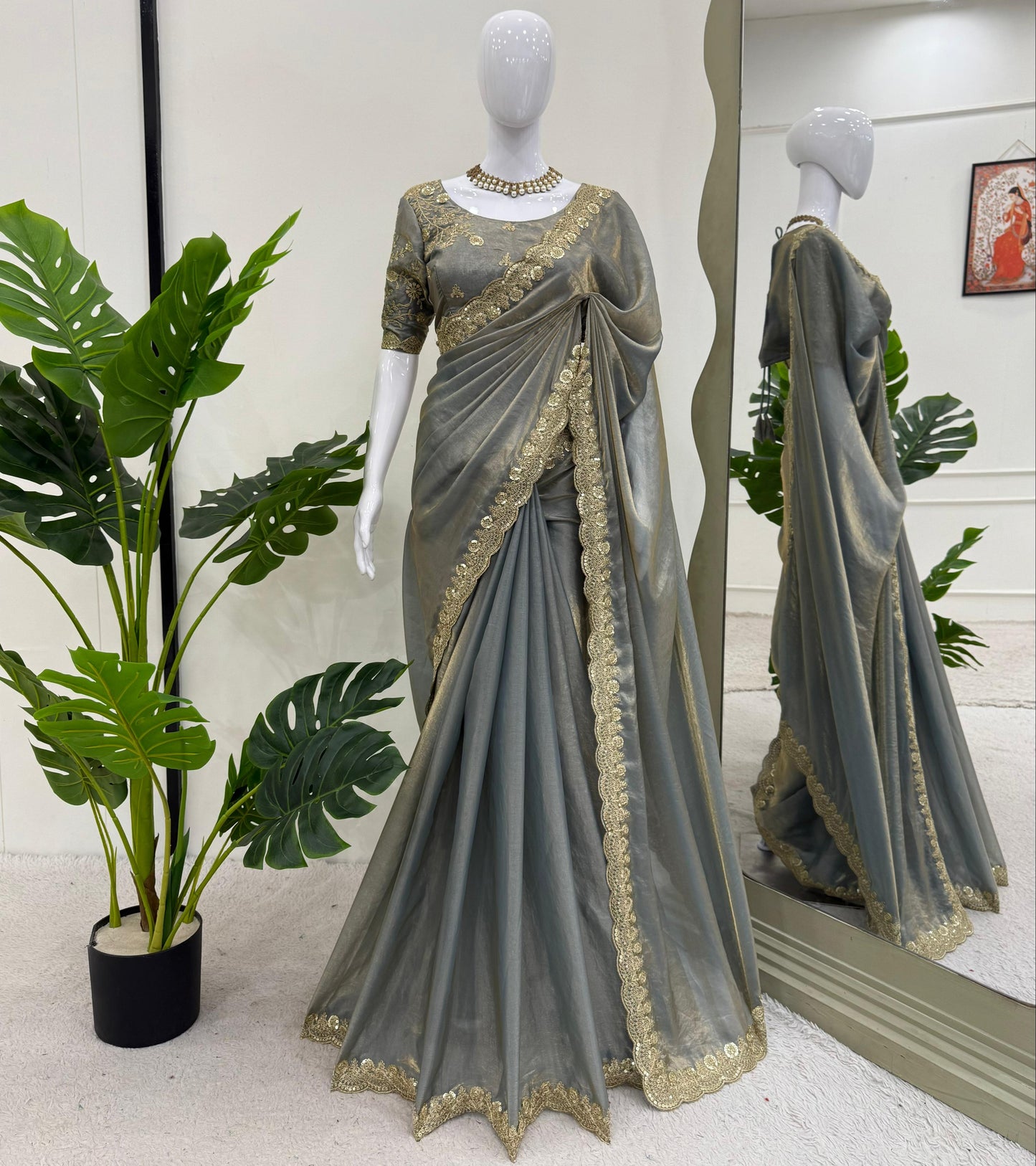 Gray color Fendi Silk Coding & Sequins Work Saree