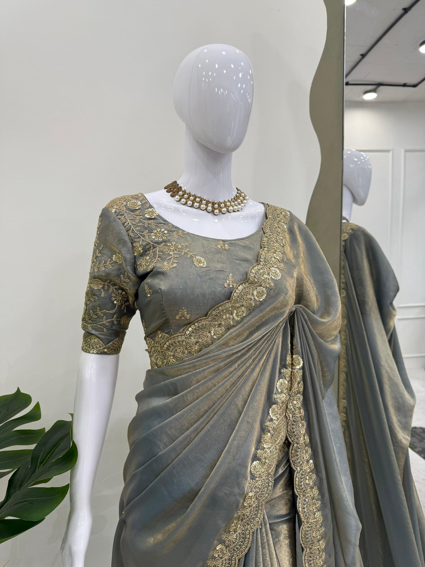 Gray color Fendi Silk Coding & Sequins Work Saree