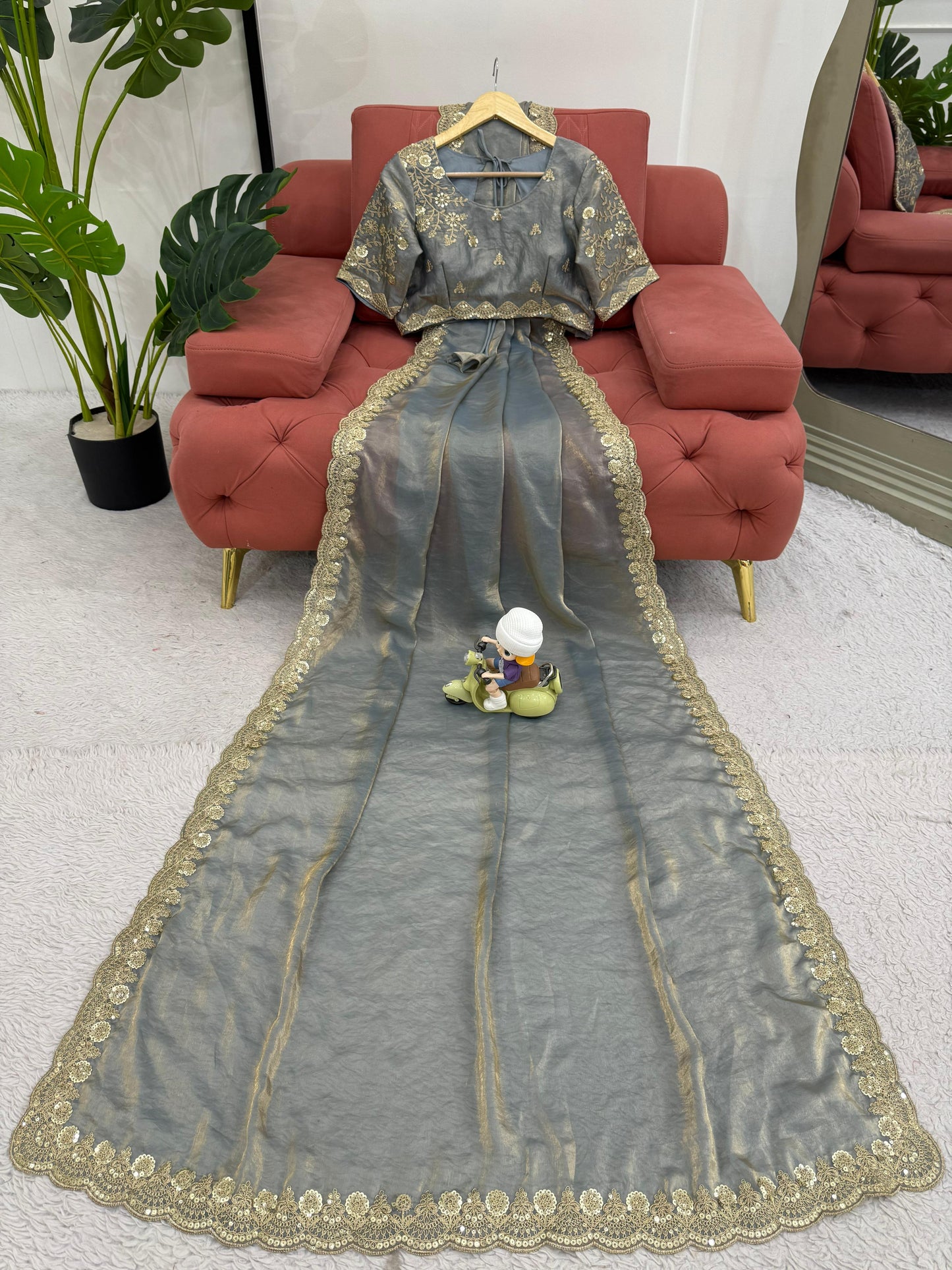 Gray color Fendi Silk Coding & Sequins Work Saree