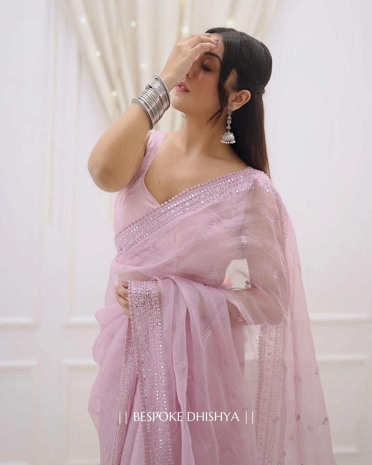 Light Pink Heavy Kota Chex Sequins Saree