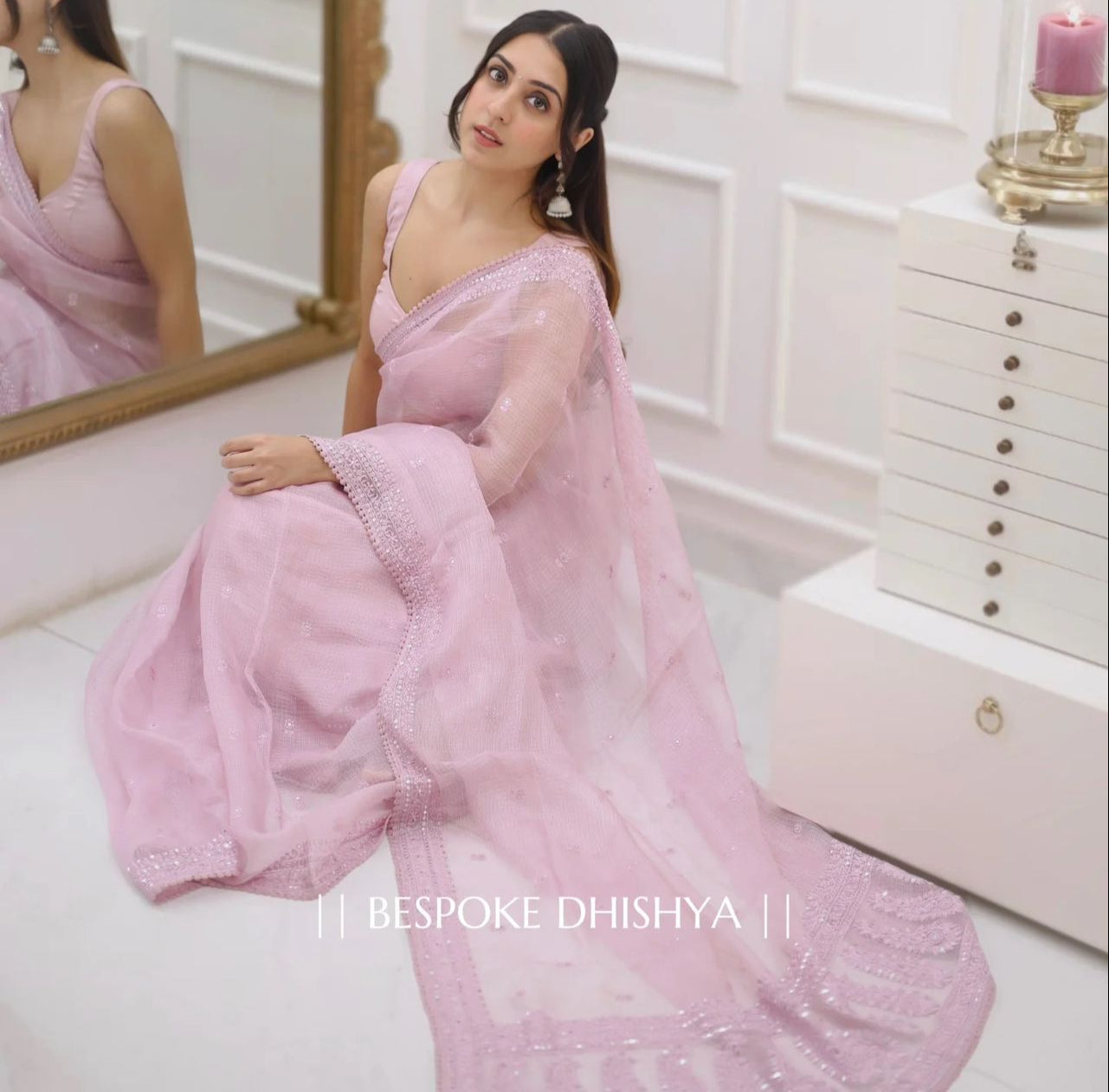 Light Pink Heavy Kota Chex Sequins Saree