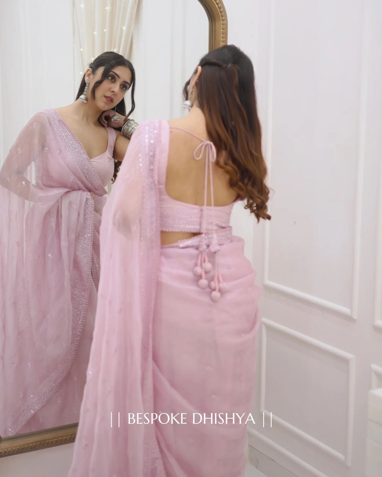 Light Pink Heavy Kota Chex Sequins Saree