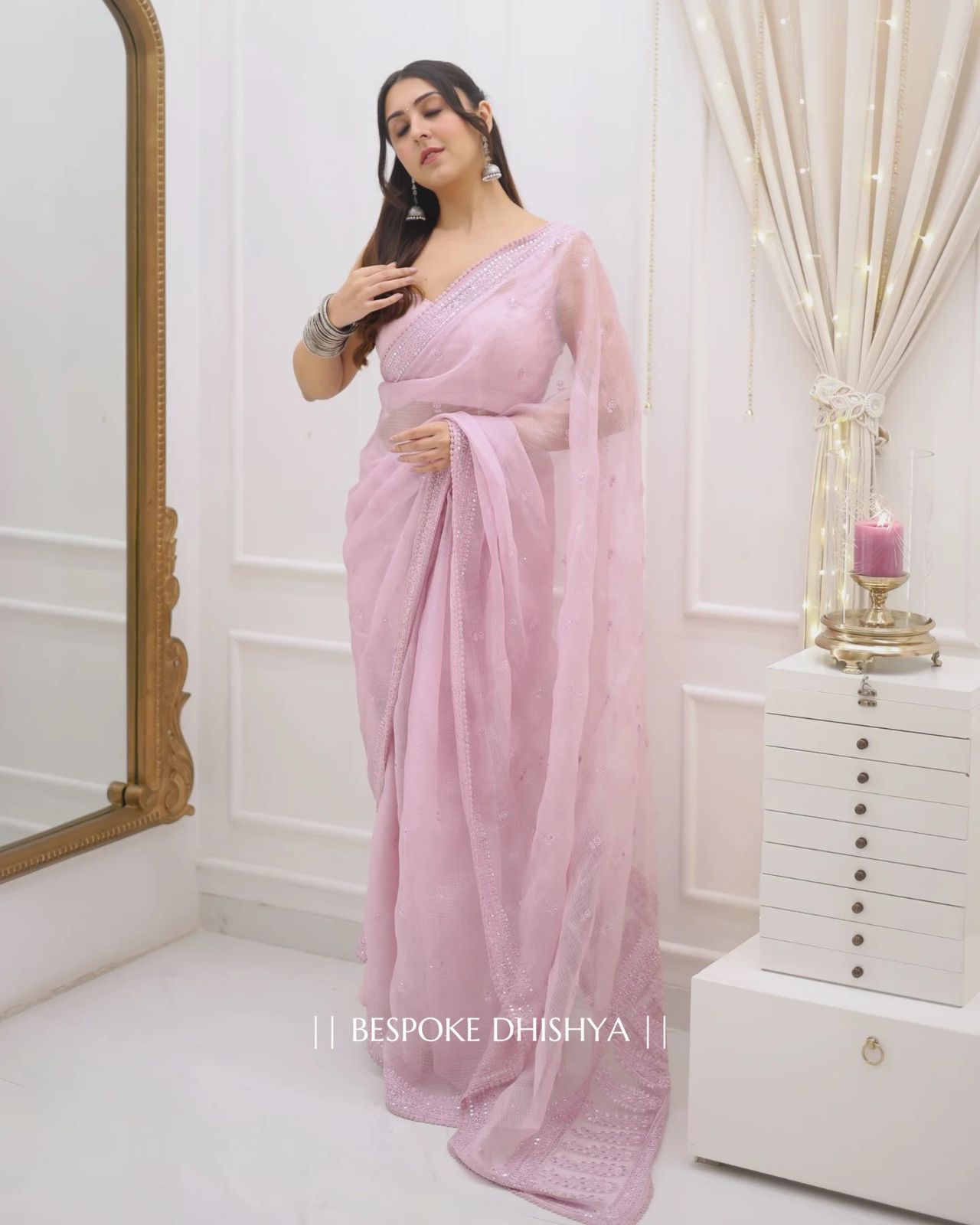 Light Pink Heavy Kota Chex Sequins Saree