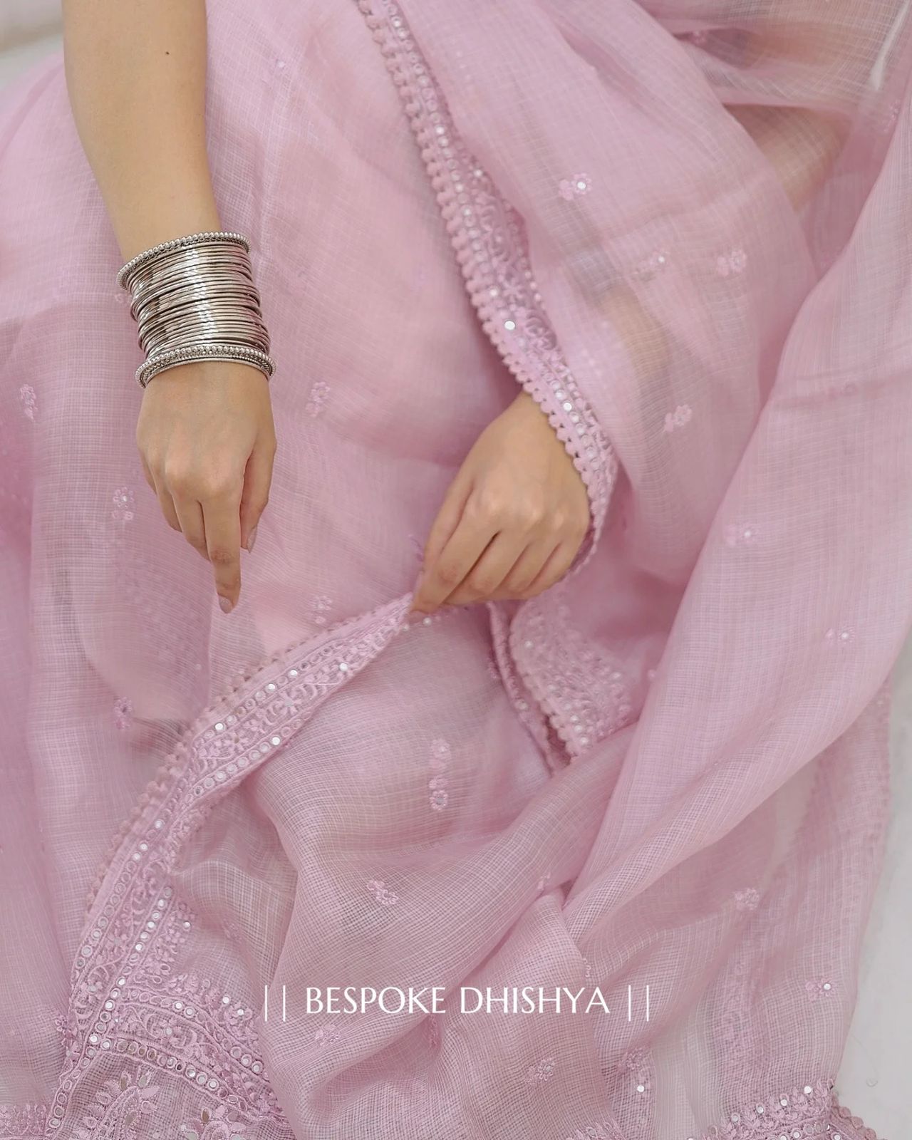 Light Pink Heavy Kota Chex Sequins Saree