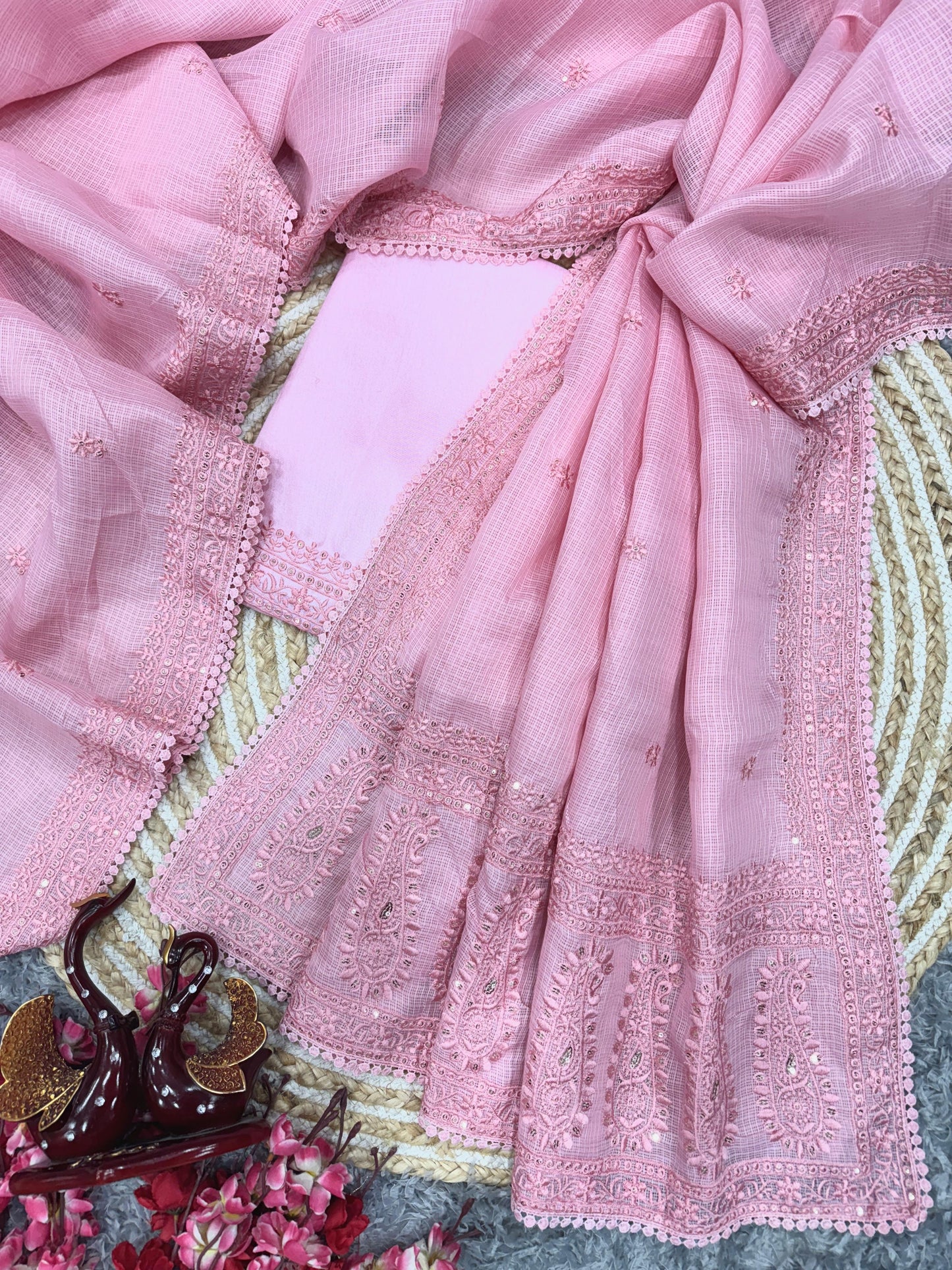 Light Pink Heavy Kota Chex Sequins Saree