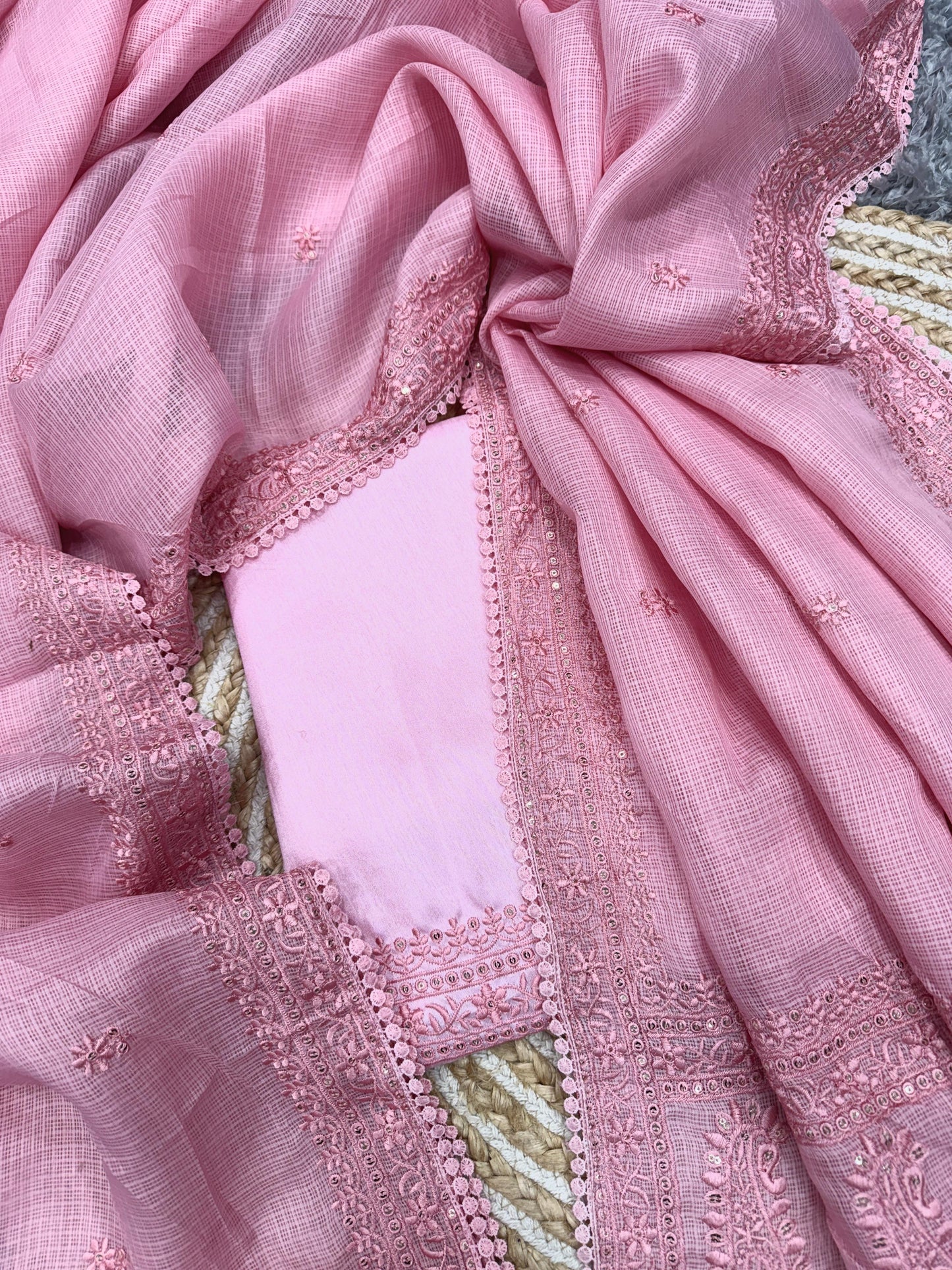 Light Pink Heavy Kota Chex Sequins Saree