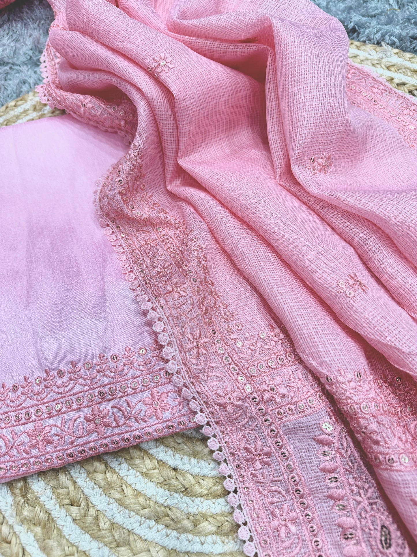 Light Pink Heavy Kota Chex Sequins Saree