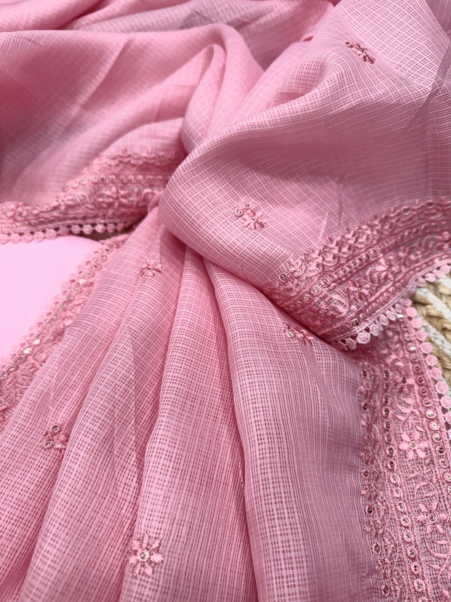 Light Pink Heavy Kota Chex Sequins Saree