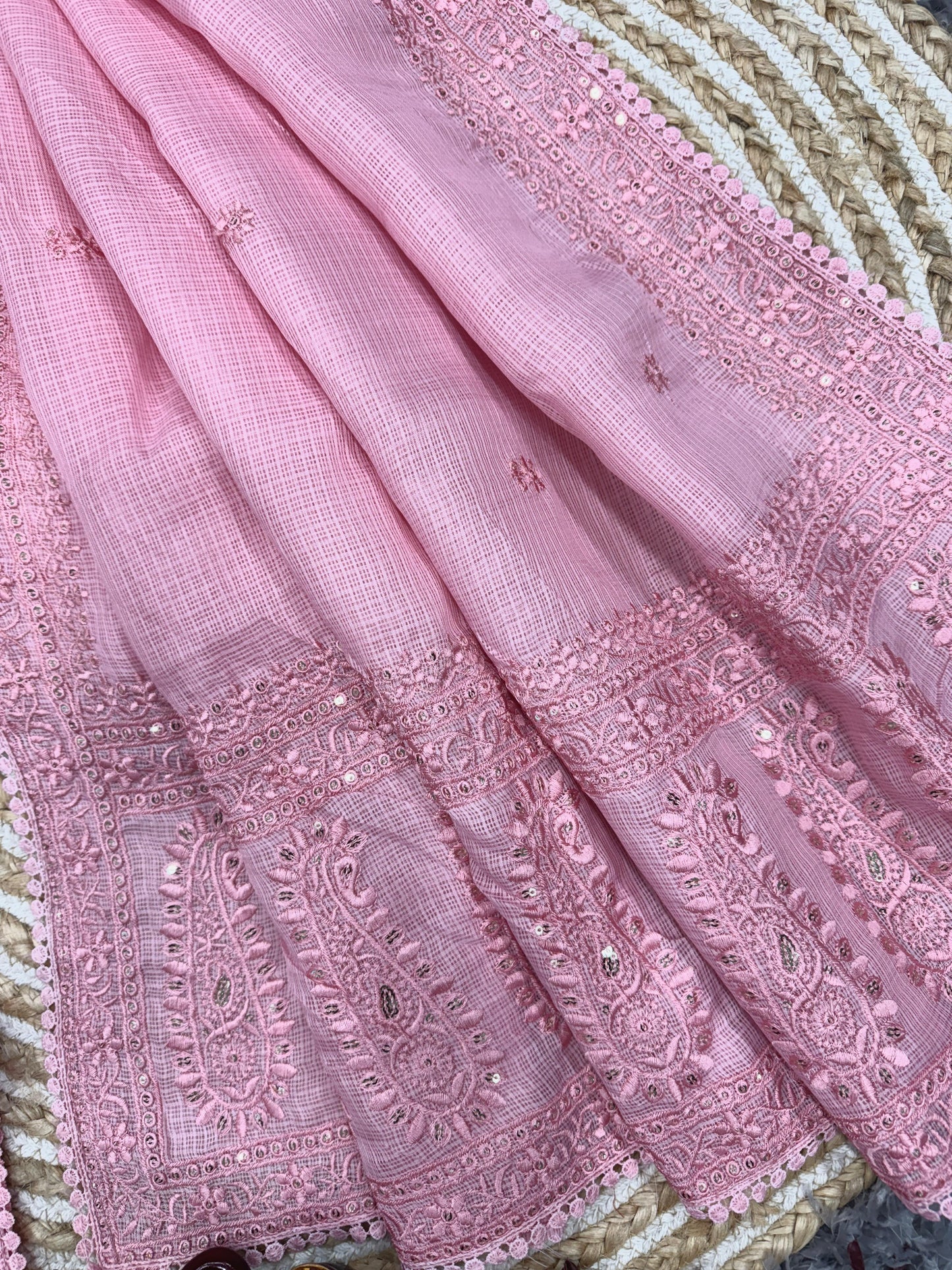 Light Pink Heavy Kota Chex Sequins Saree