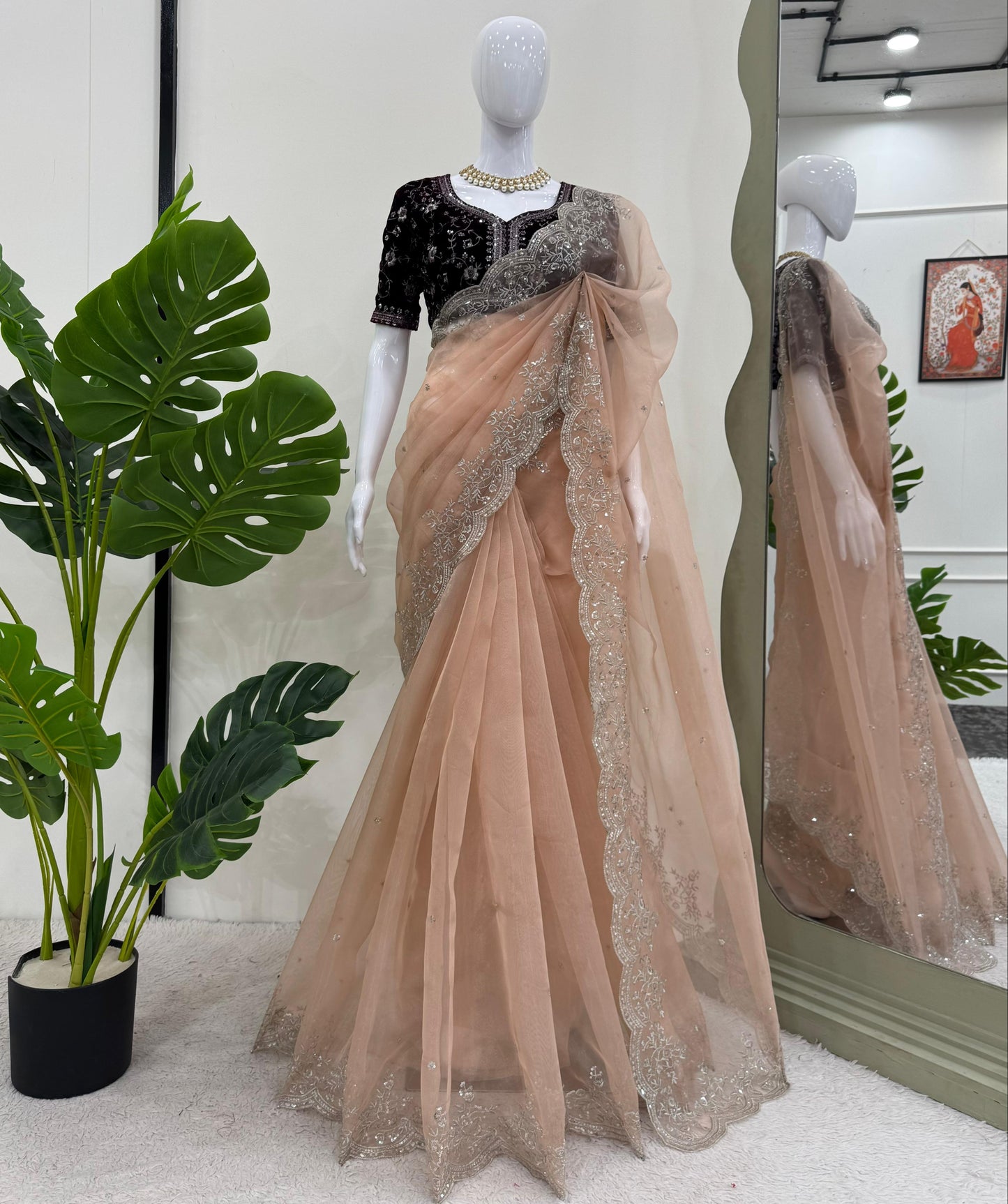 Peach color Organza Silk Thread with Sequins Work Saree