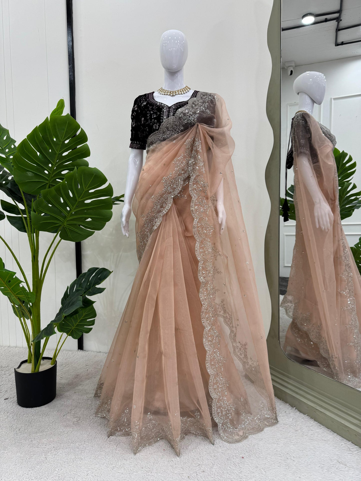 Peach color Organza Silk Thread with Sequins Work Saree