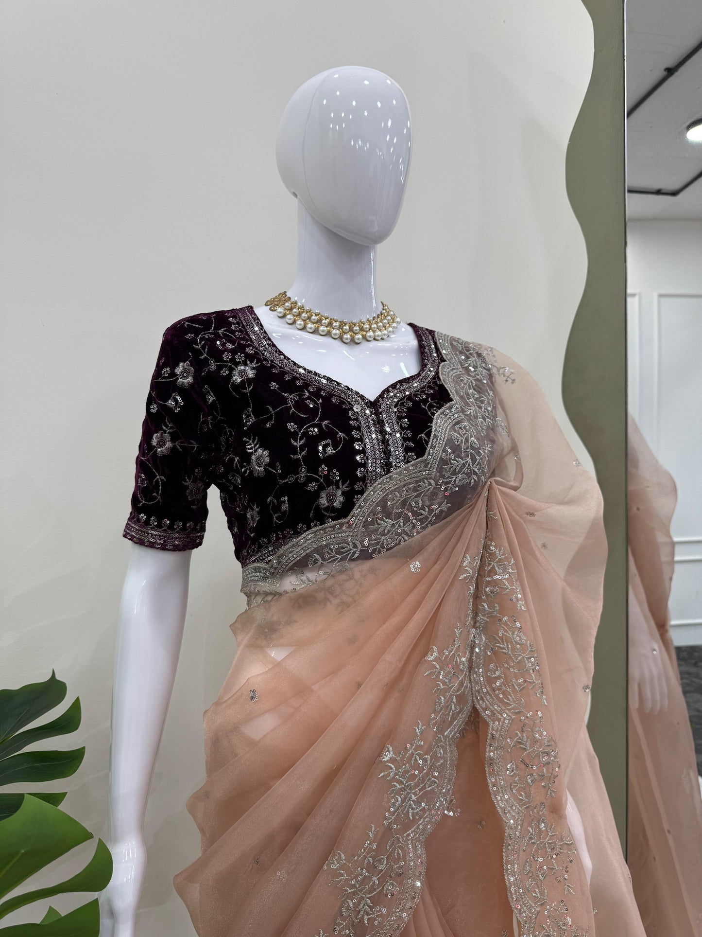 Peach color Organza Silk Thread with Sequins Work Saree
