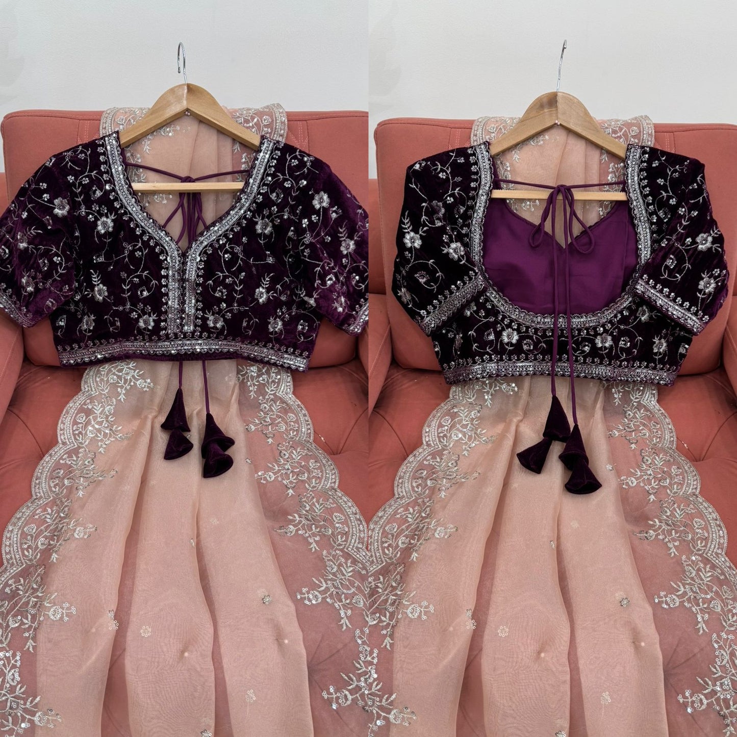 Peach color Organza Silk Thread with Sequins Work Saree
