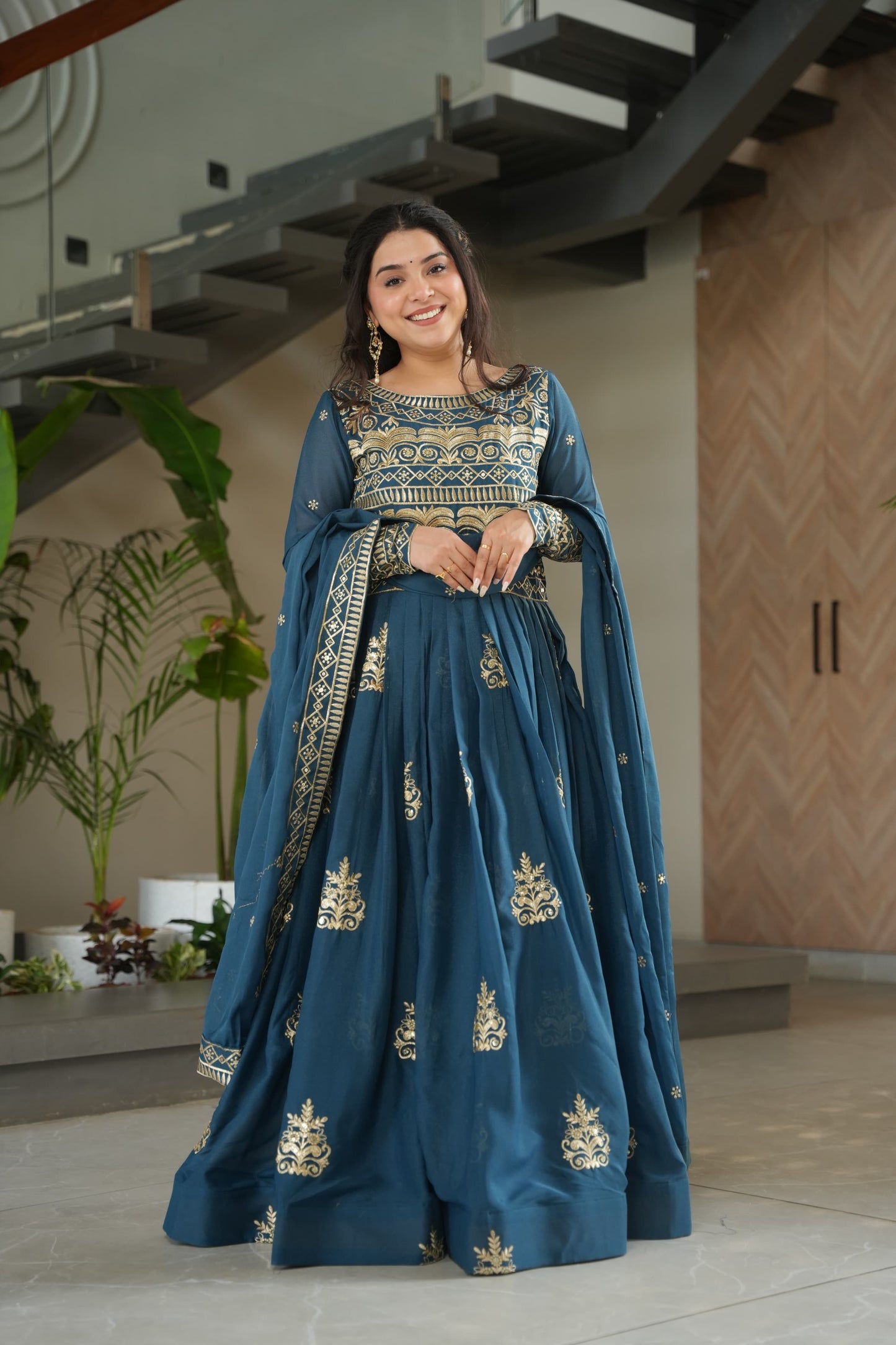 Rama Chinnon Sequins-Multi Beads Work Gown With Dupatta