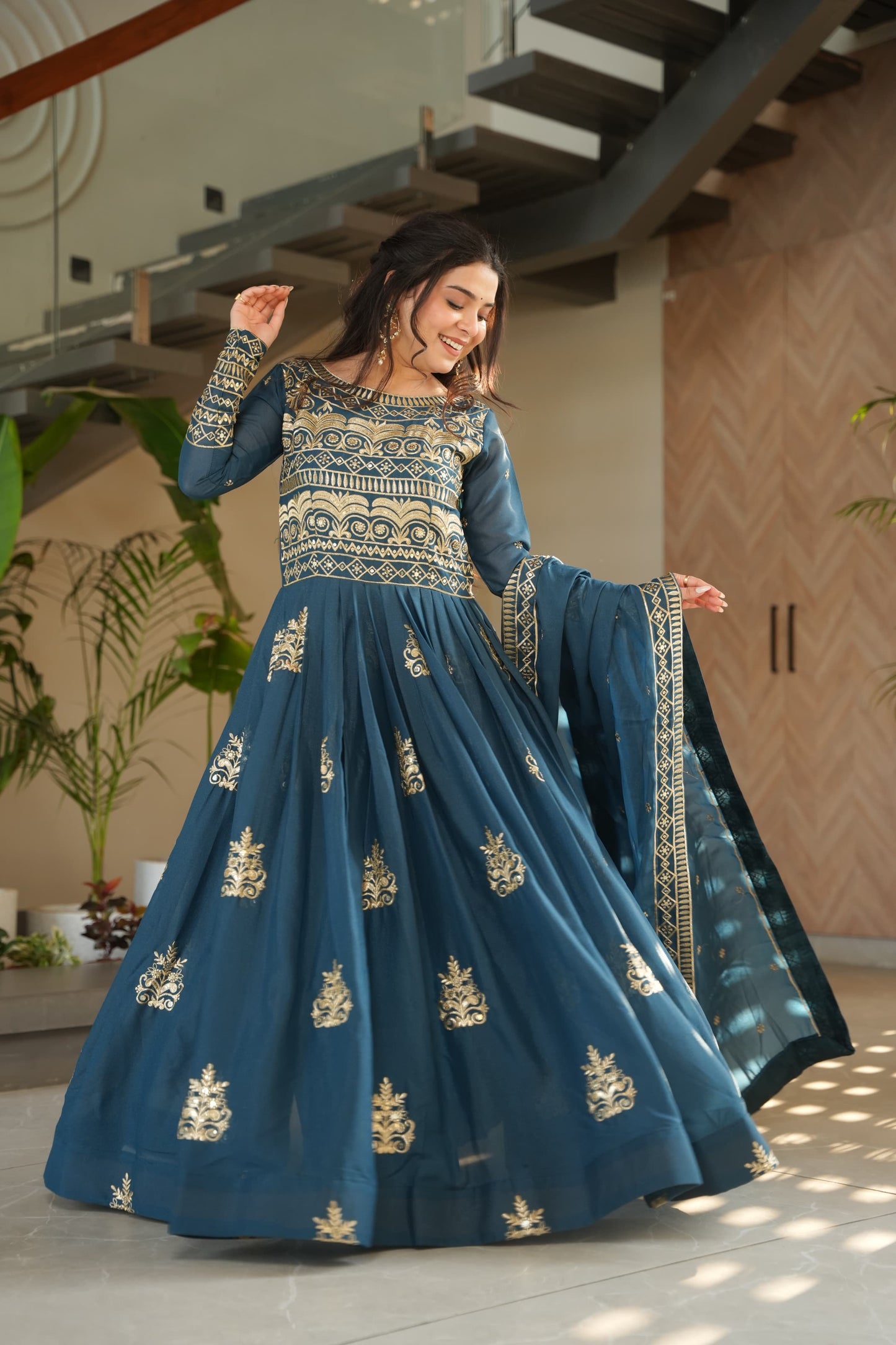 Rama Chinnon Sequins-Multi Beads Work Gown With Dupatta