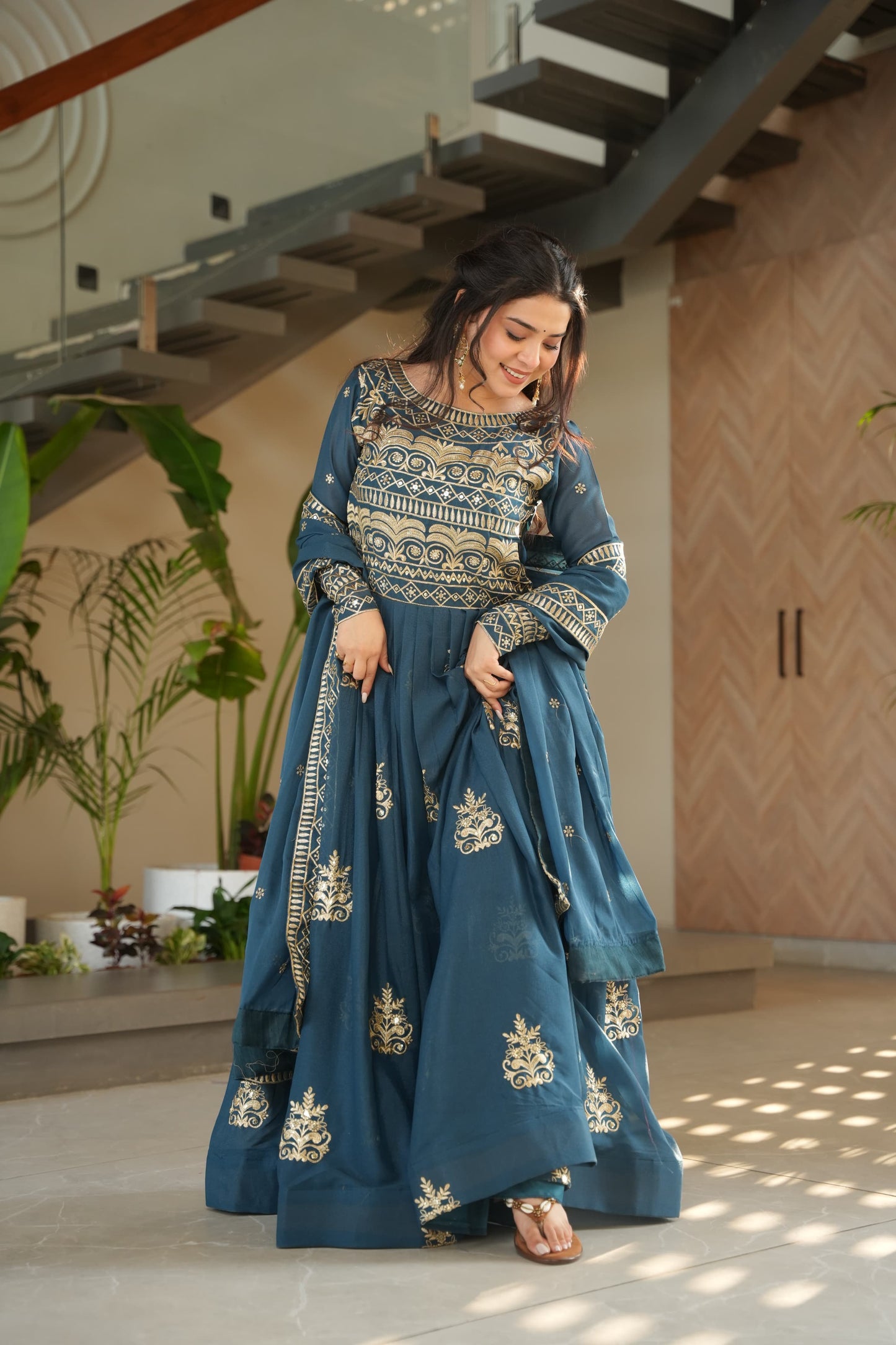 Rama Chinnon Sequins-Multi Beads Work Gown With Dupatta