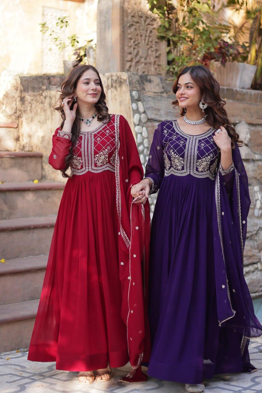 Maroon Faux Blooming with Beads Embroidered Work Gown With Dupatta