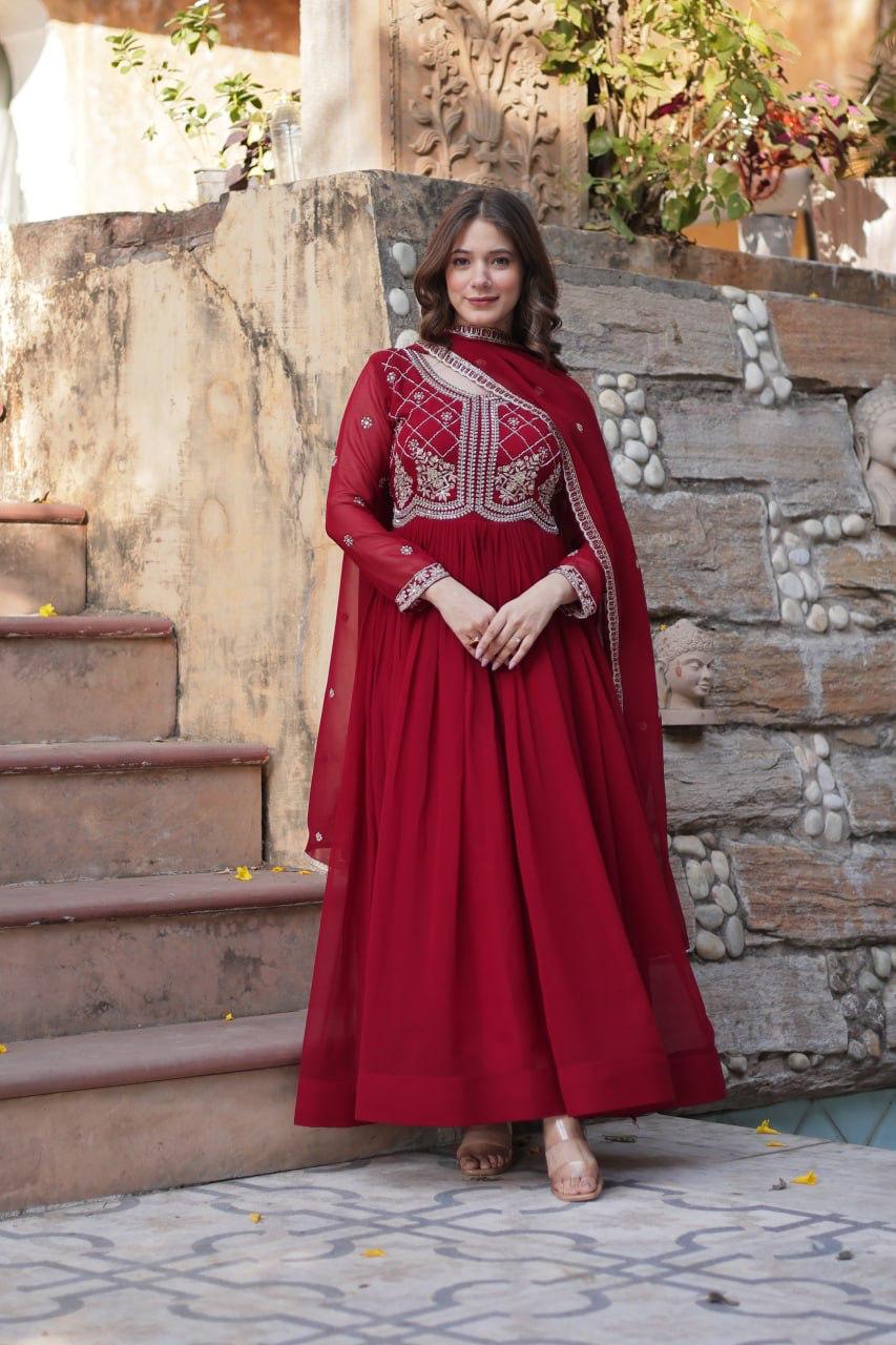 Maroon Faux Blooming with Beads Embroidered Work Gown With Dupatta