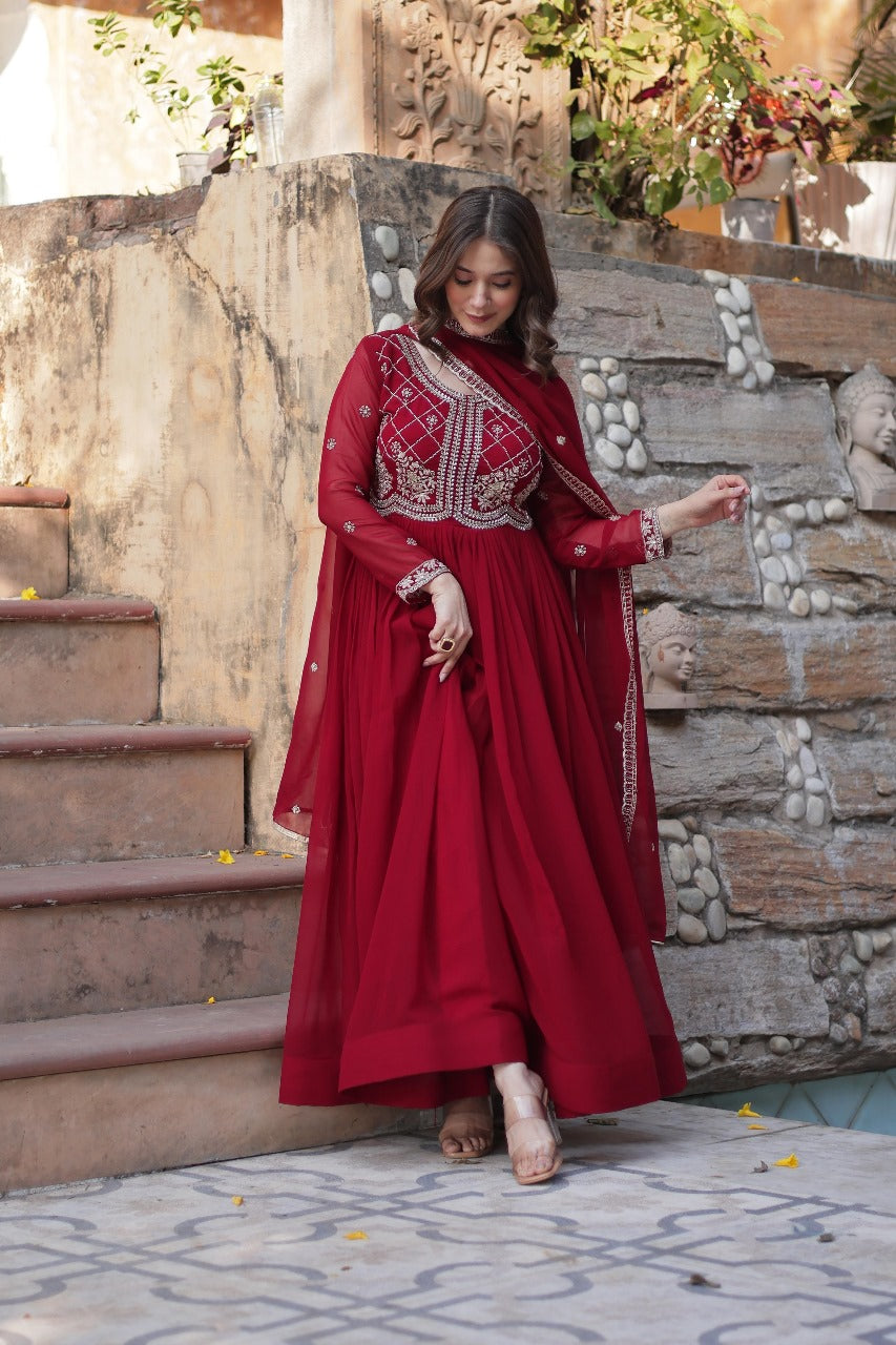 Maroon Faux Blooming with Beads Embroidered Work Gown With Dupatta