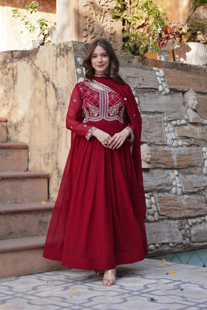 Maroon Faux Blooming with Beads Embroidered Work Gown With Dupatta