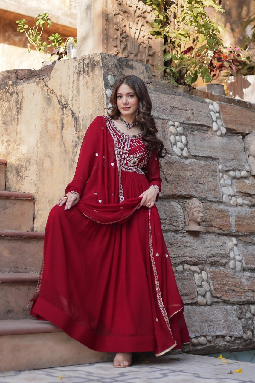 Maroon Faux Blooming with Beads Embroidered Work Gown With Dupatta