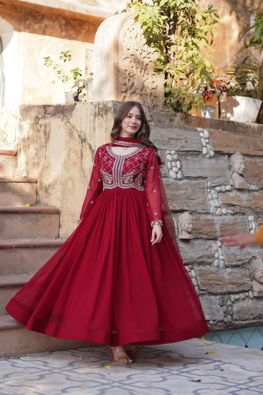 Maroon Faux Blooming with Beads Embroidered Work Gown With Dupatta