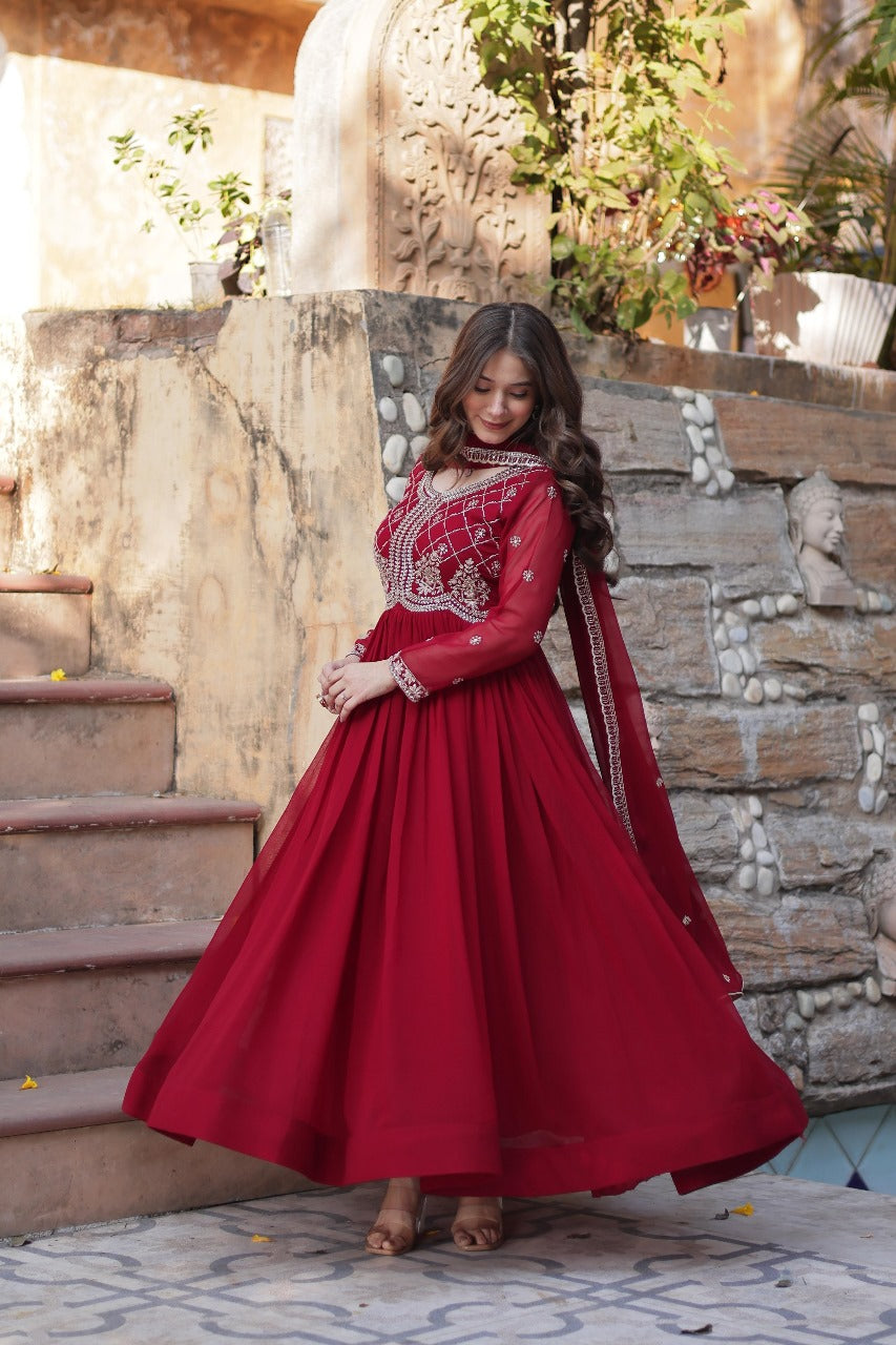 Maroon Faux Blooming with Beads Embroidered Work Gown With Dupatta
