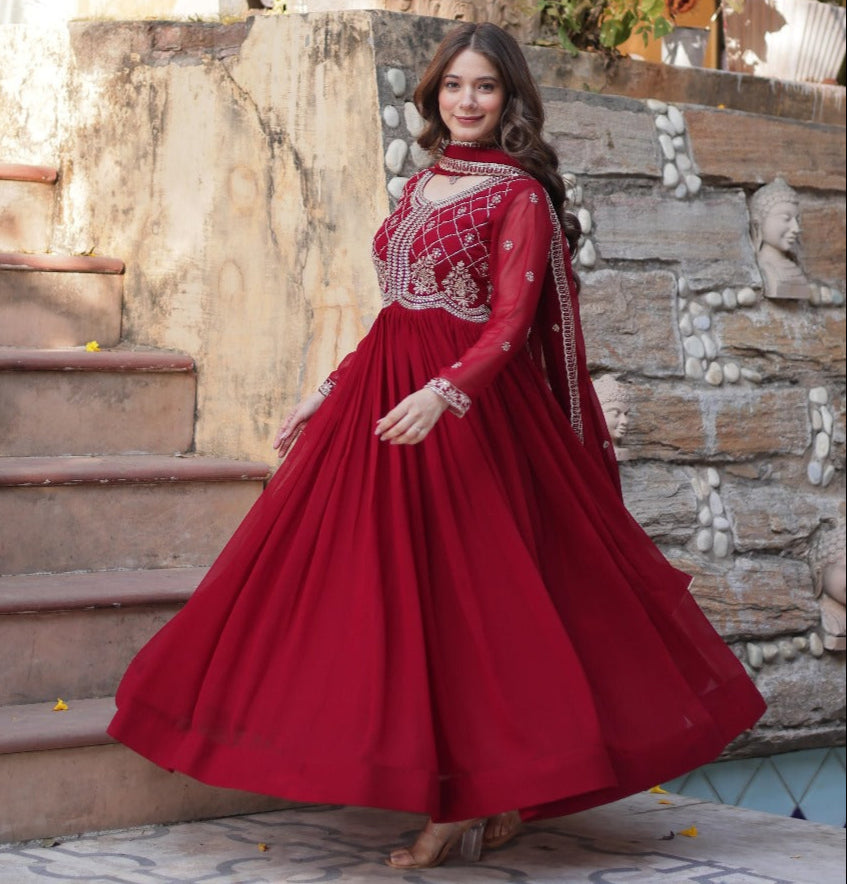 Maroon Faux Blooming with Beads Embroidered Work Gown With Dupatta