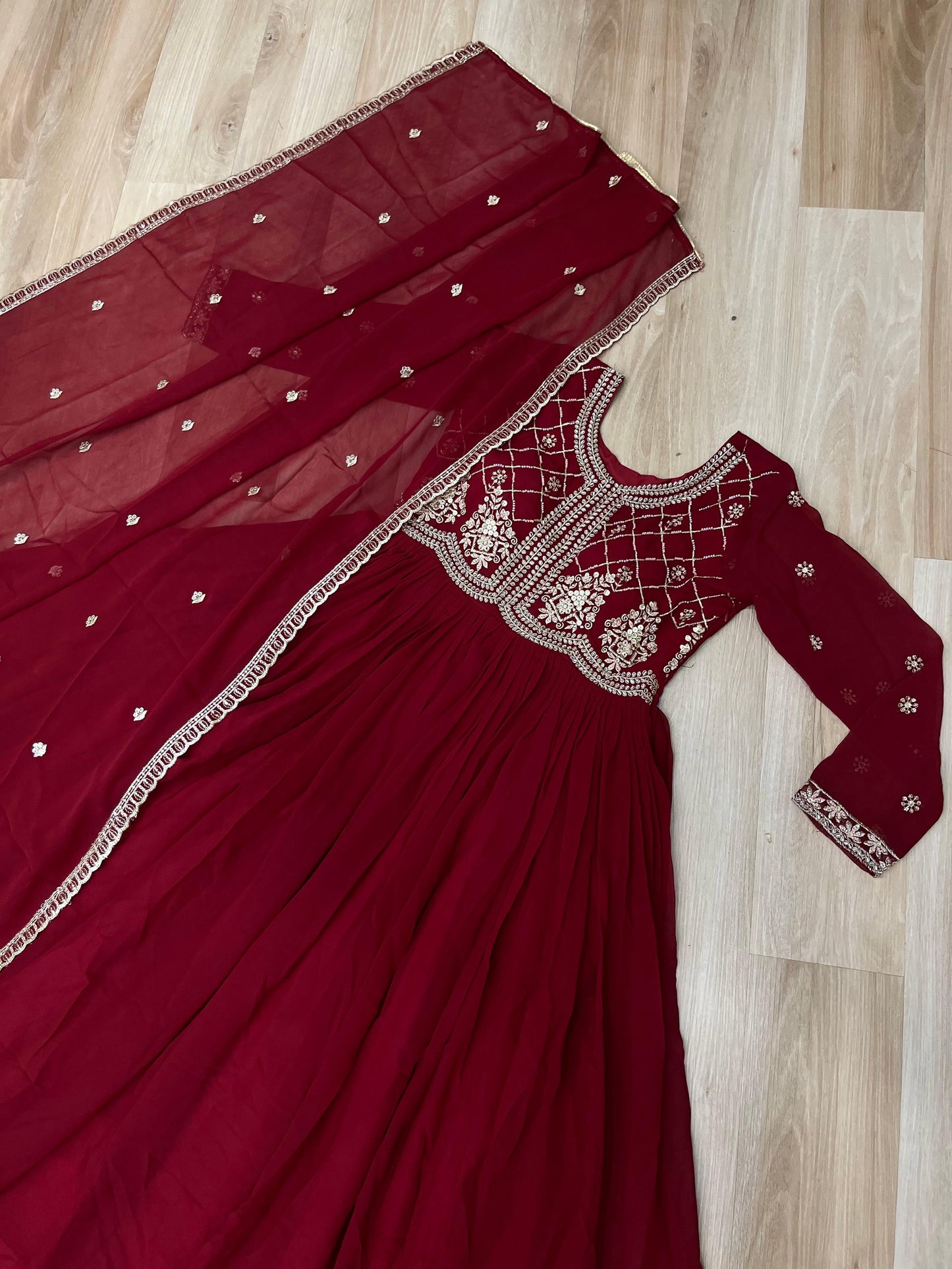 Maroon Faux Blooming with Beads Embroidered Work Gown With Dupatta
