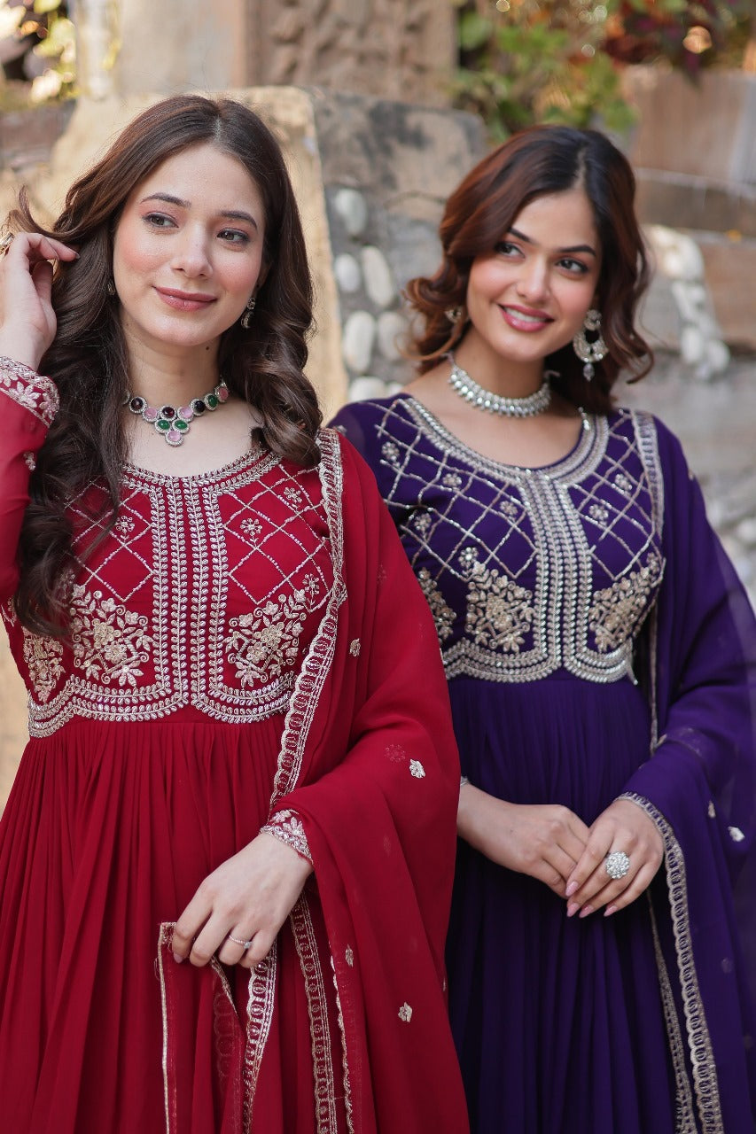 Maroon Faux Blooming with Beads Embroidered Work Gown With Dupatta