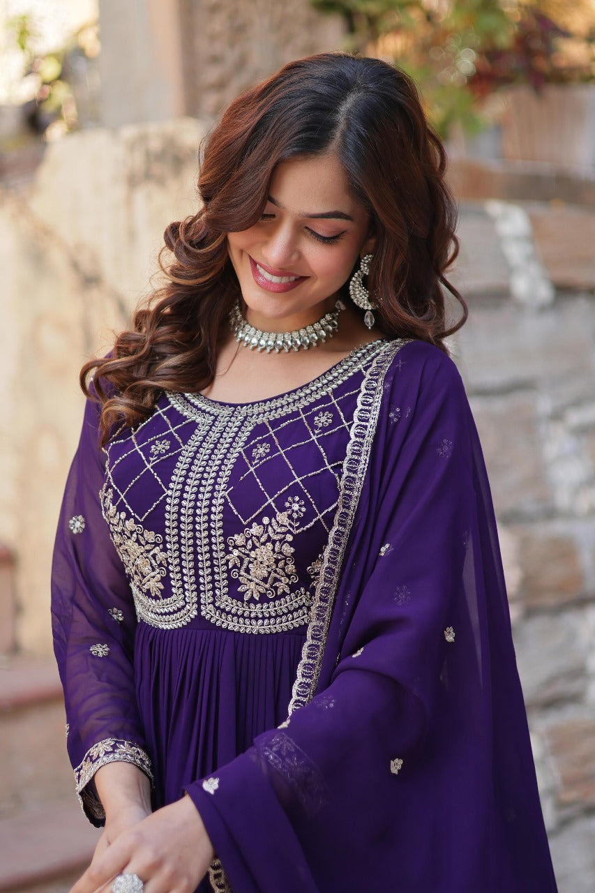 Maroon Faux Blooming with Beads Embroidered Work Gown With Dupatta