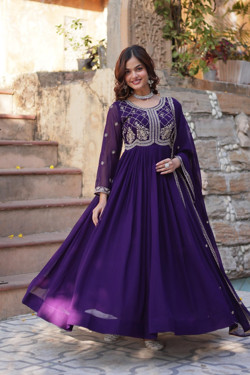 Maroon Faux Blooming with Beads Embroidered Work Gown With Dupatta