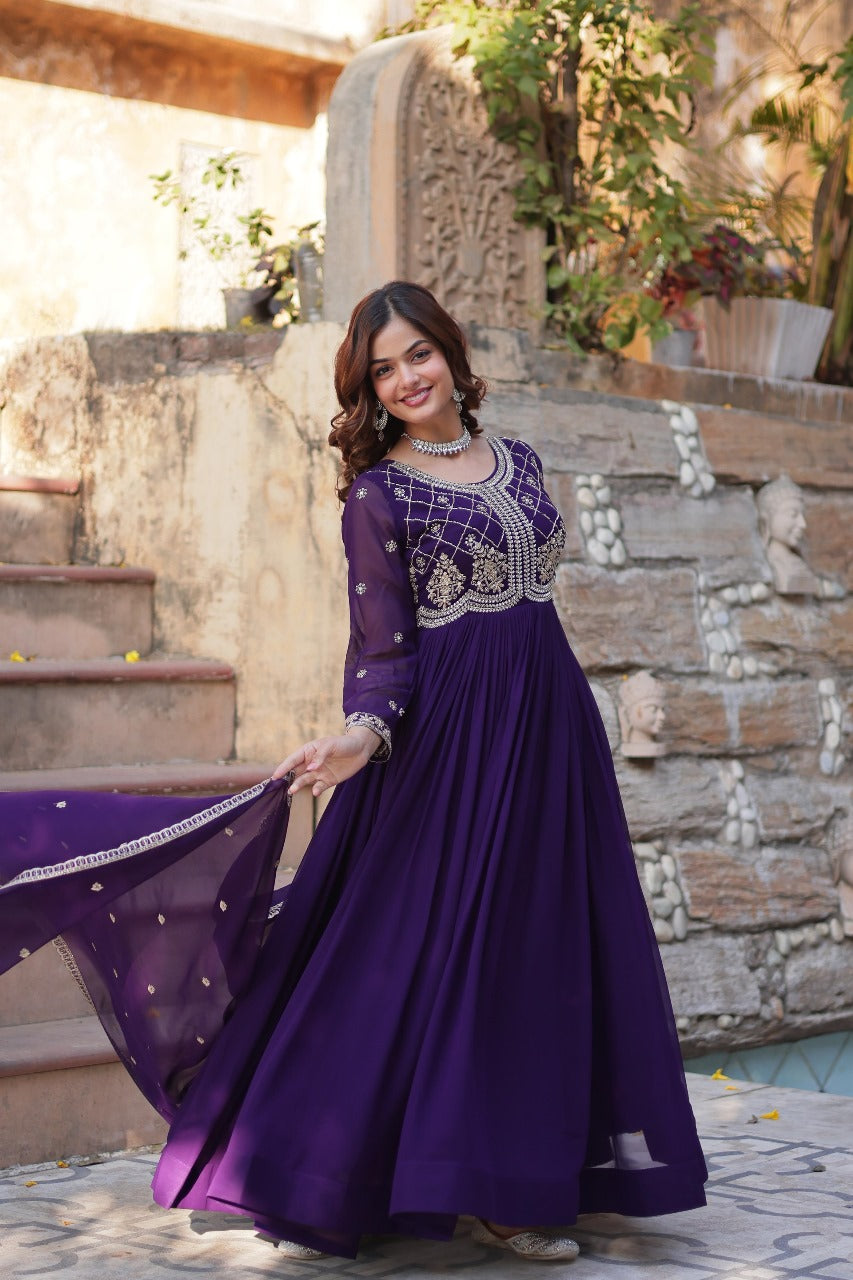 Maroon Faux Blooming with Beads Embroidered Work Gown With Dupatta