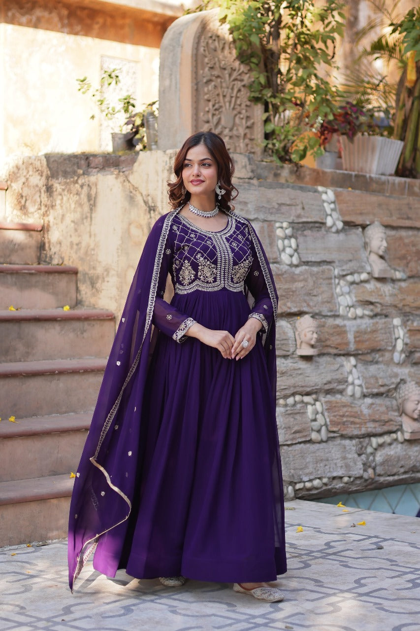 Maroon Faux Blooming with Beads Embroidered Work Gown With Dupatta
