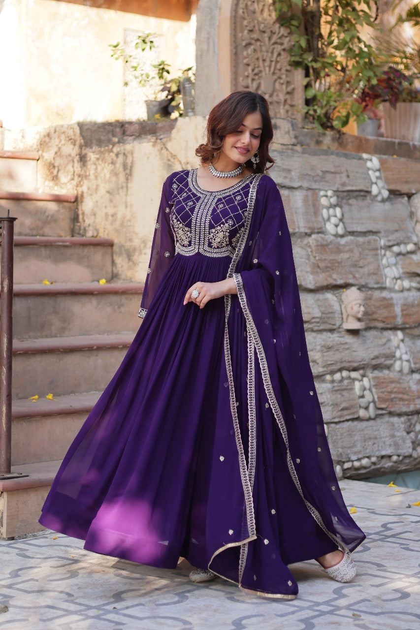 Maroon Faux Blooming with Beads Embroidered Work Gown With Dupatta