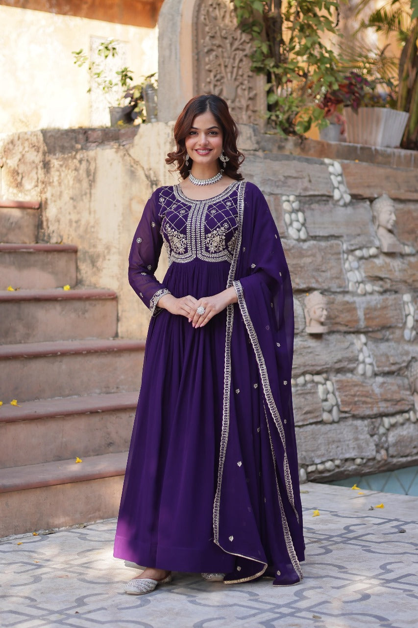 Maroon Faux Blooming with Beads Embroidered Work Gown With Dupatta