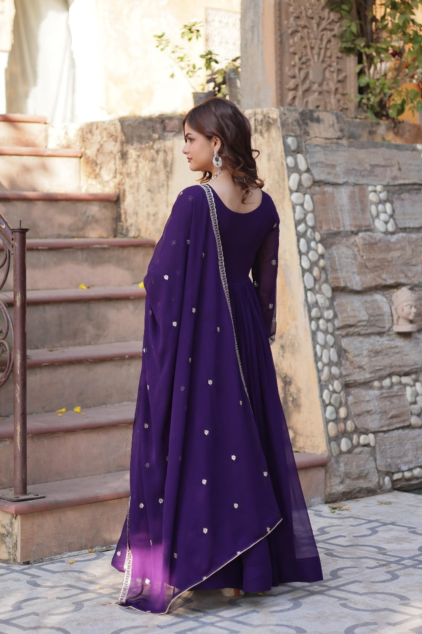 Maroon Faux Blooming with Beads Embroidered Work Gown With Dupatta