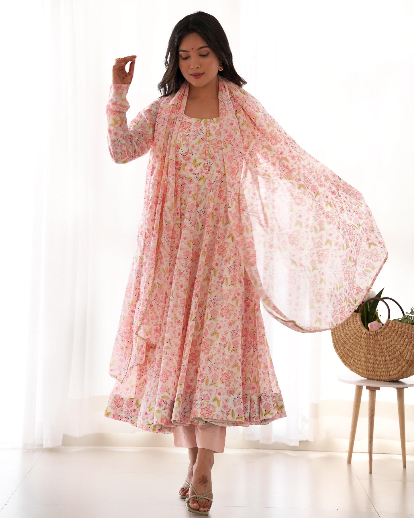 Pink Heavy Orange Chiffon with Floral Print 3pc Kurta Set