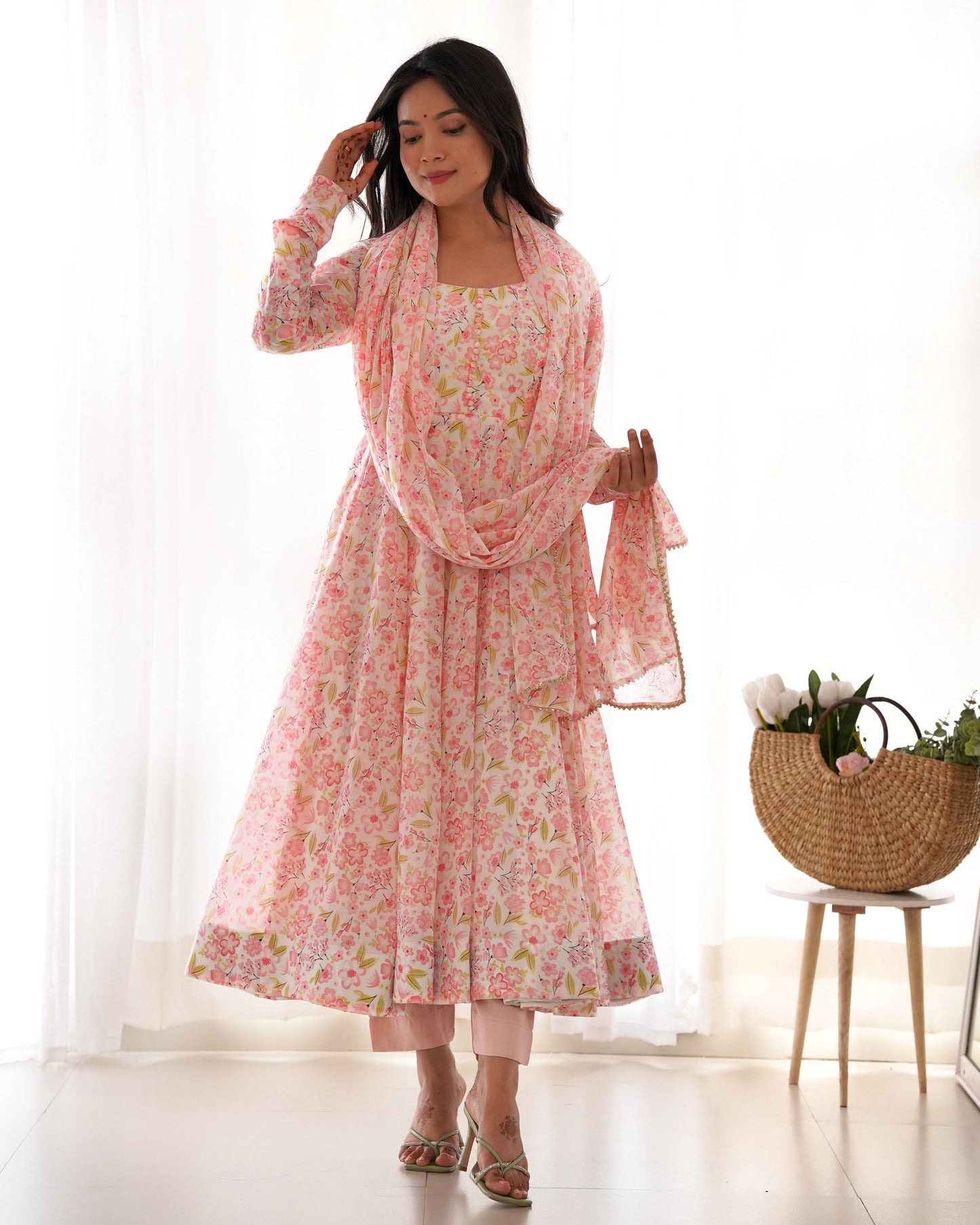 Pink Heavy Orange Chiffon with Floral Print 3pc Kurta Set