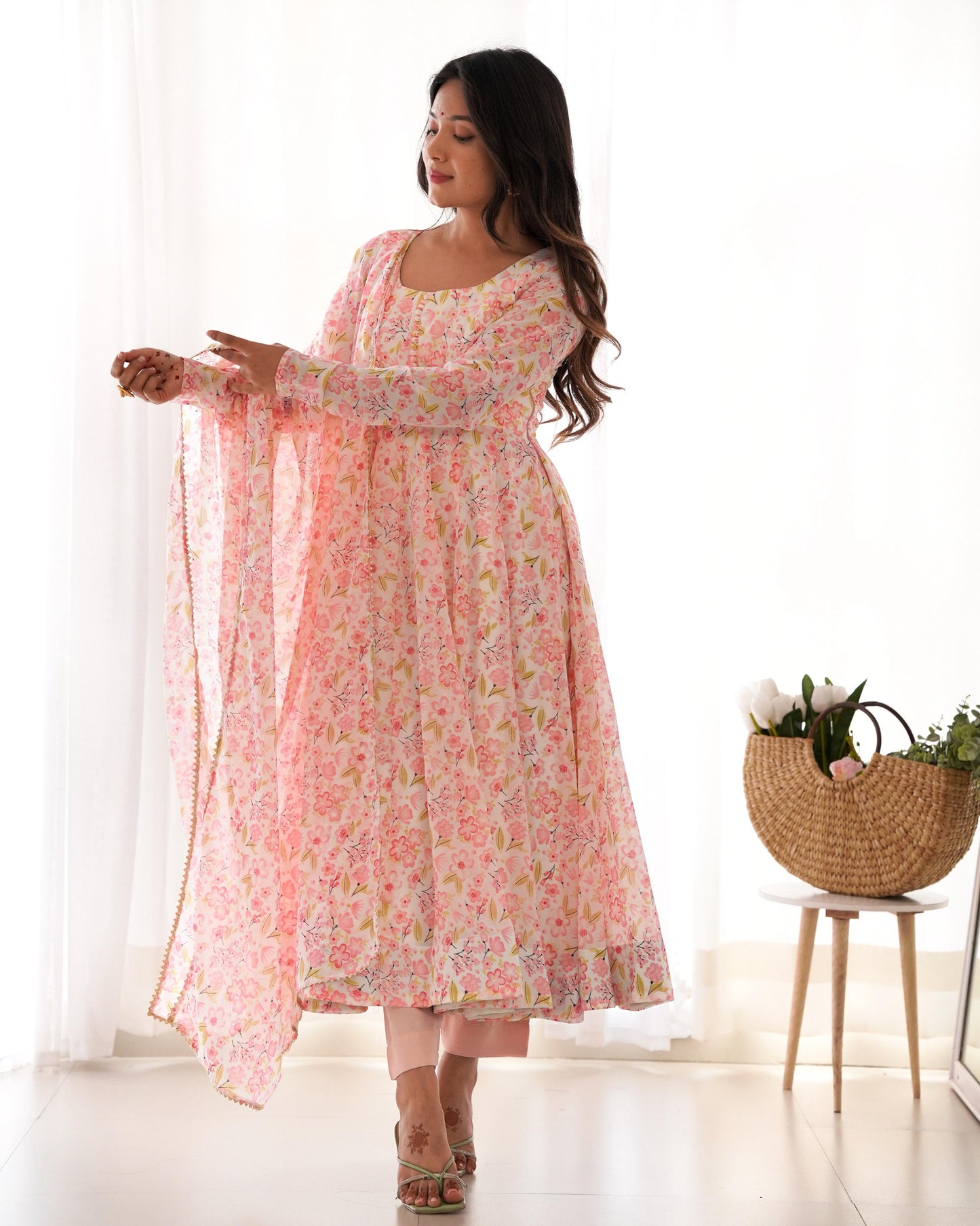 Pink Heavy Orange Chiffon with Floral Print 3pc Kurta Set